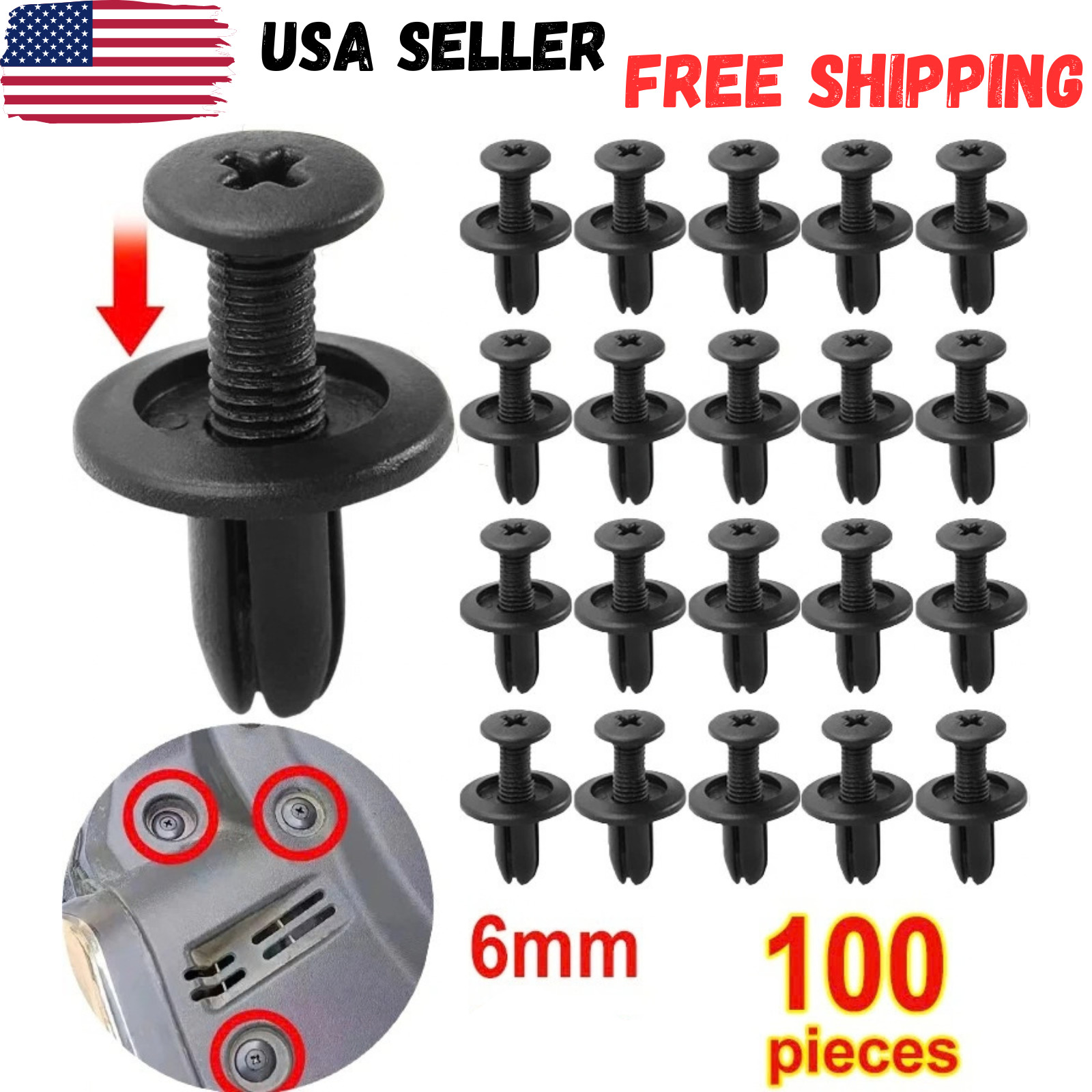 100Pcs 6mm Push type Truck Car Fender Bumper Trim Fastener Clips Retainer Rivets