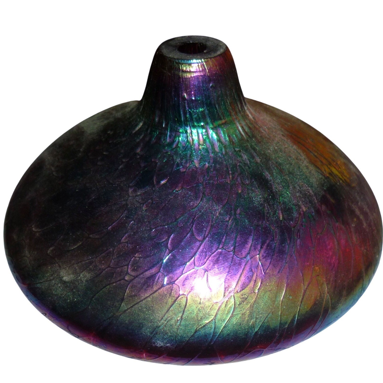 Vintage Studio Art Glass Squat Bud Vase Iridescent Purple Green Pulled Feather