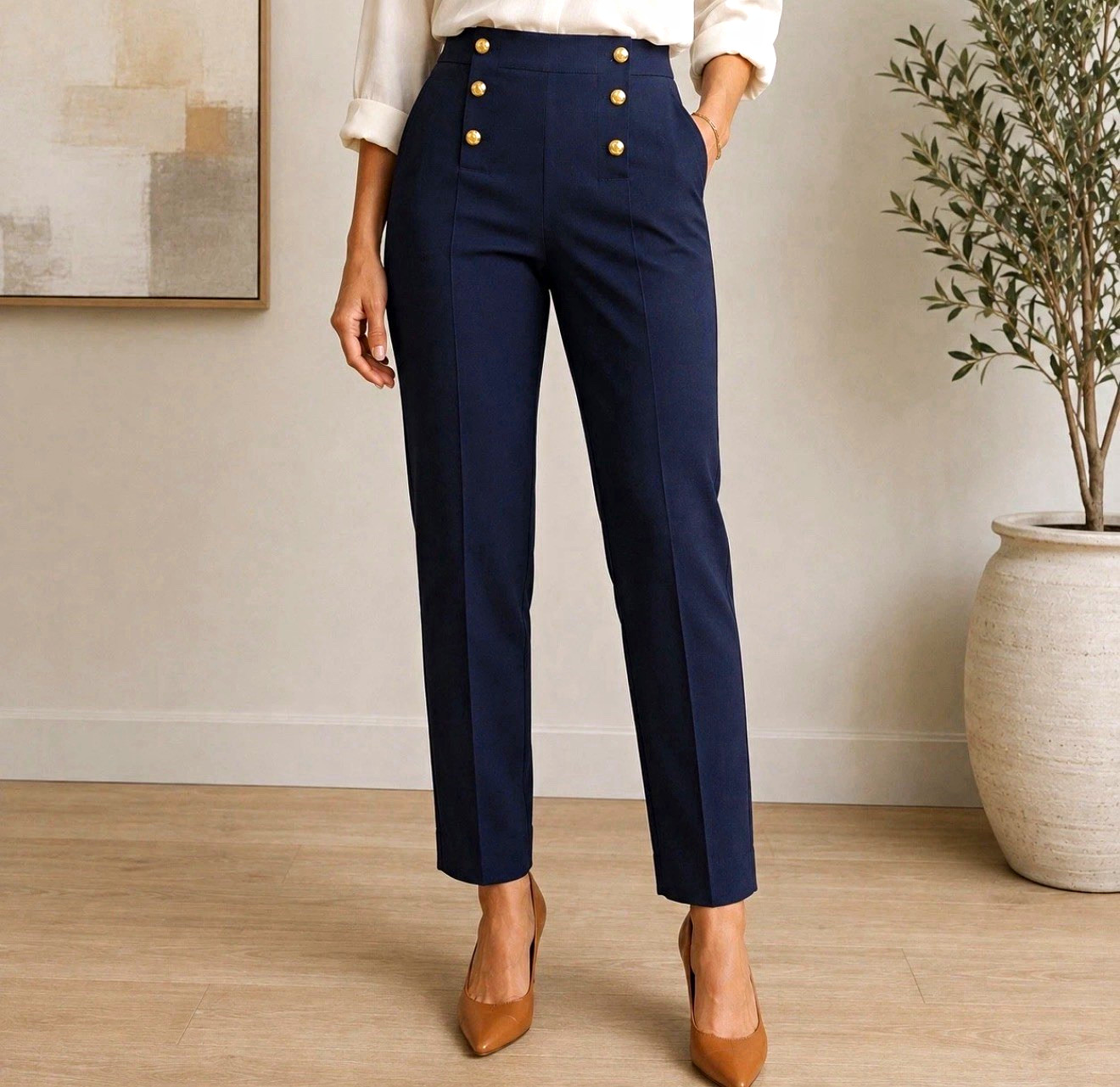 Banana Republic Navy High-Rise Straight Leg Button Dress Pants