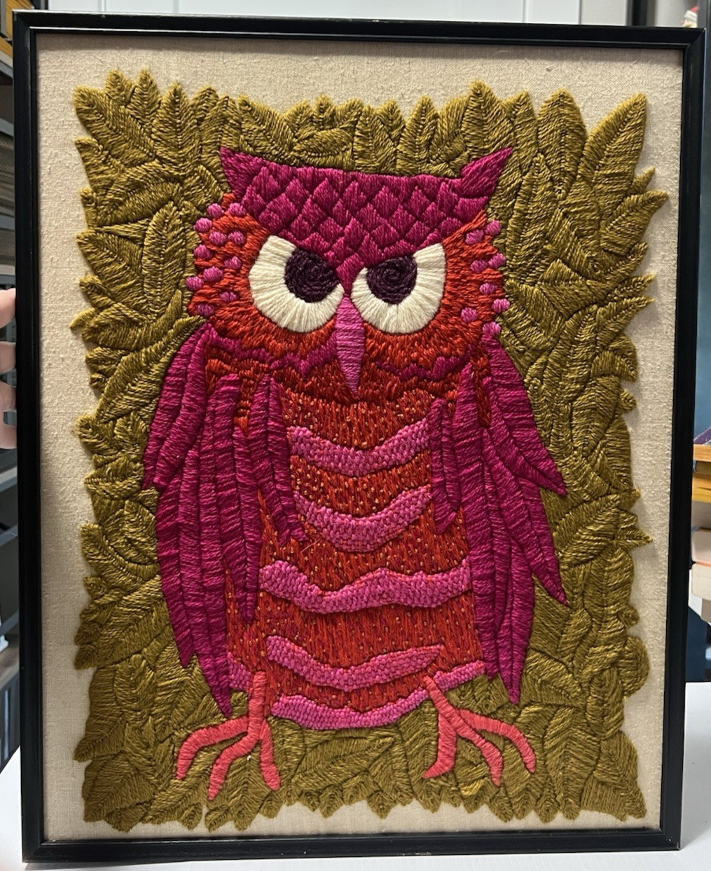Vintage Erica Wilson Style Crewel Embroidery THE RED OWL Framed Wall Art 21x17
