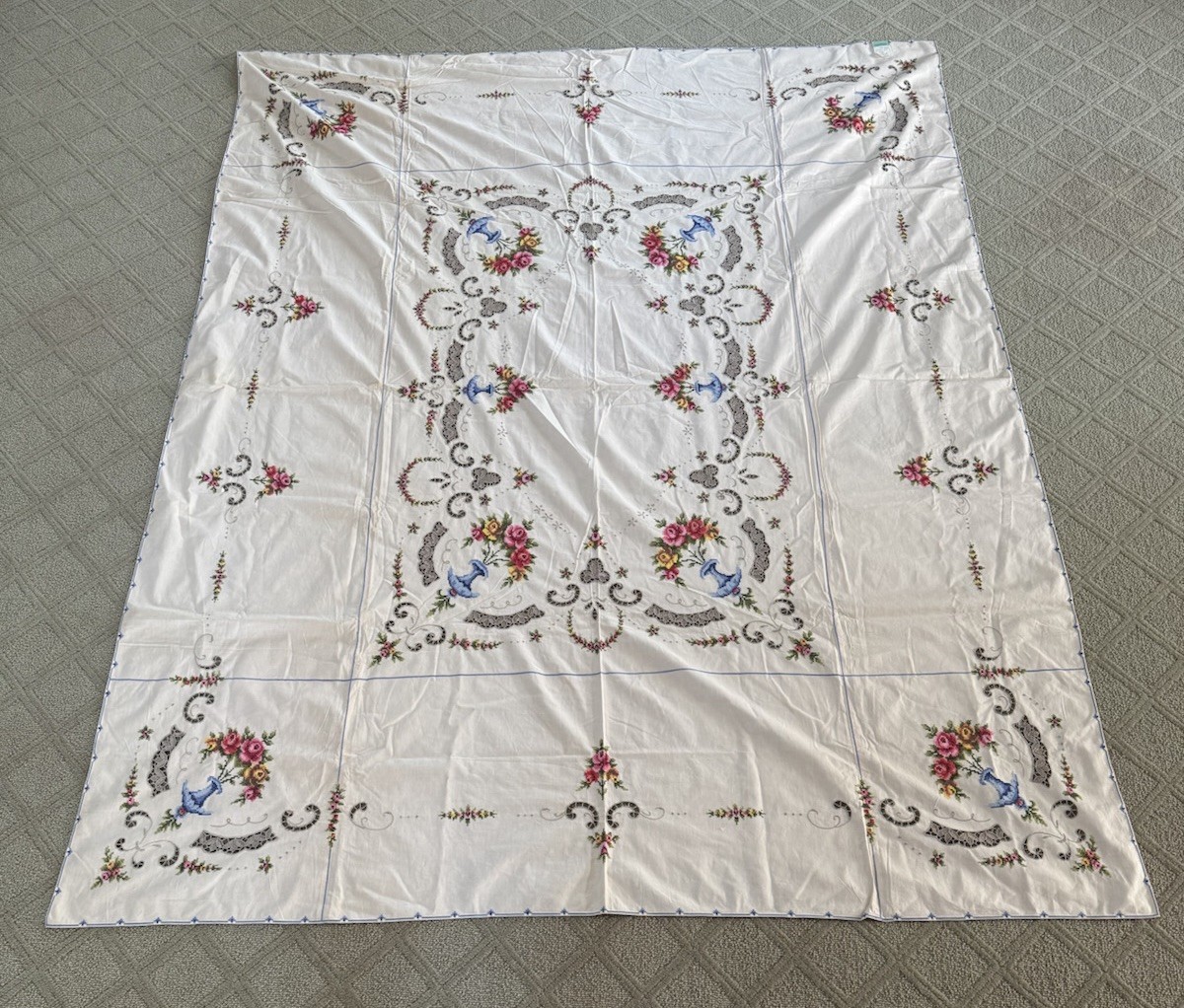 Vtg Cross Stitch Tablecloth Cotton Huge 84 x 64 Crochet Lace Inset Colorful  Ut