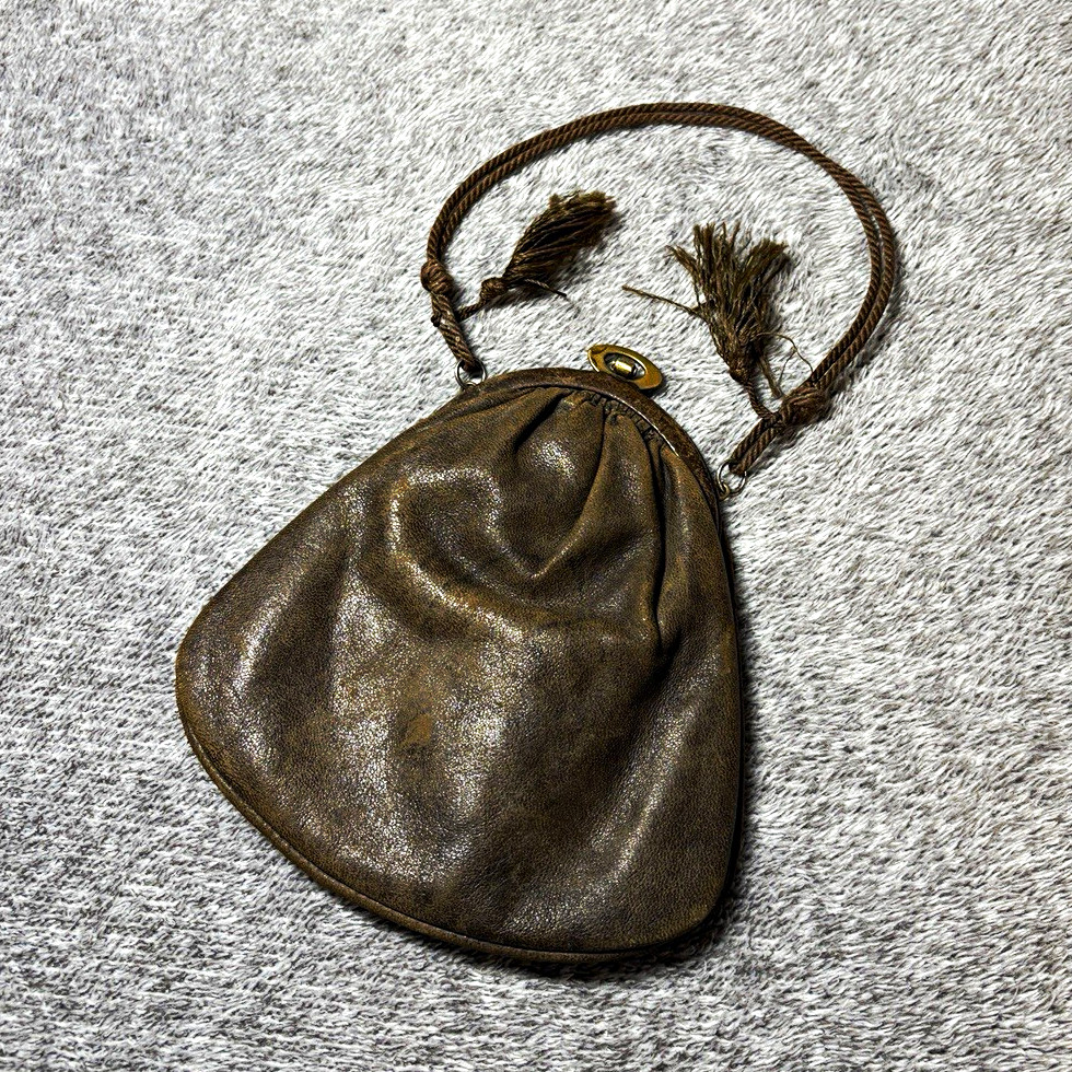 Antique Edwardian c1910 Leather Handbag Purse Brass Ring Clasp Tassels
