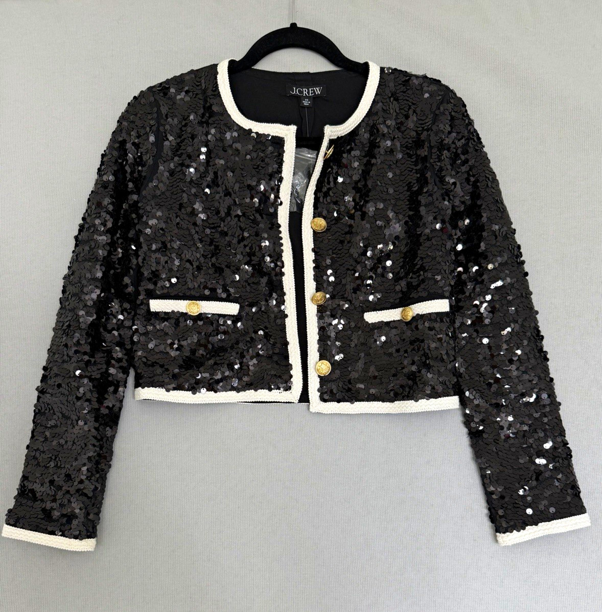 J.CREW Black Sequin Contrast Trim Button Lined Cotton Blazer Jacket XS J.CREW Black Sequin Contrast Trim Button Lined Cotton Blazer Jacket XS