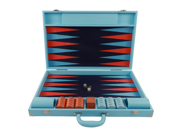 Georgia Sky Blue Luxury Backgammon Set, Tournament Size, Blue and Orange Design