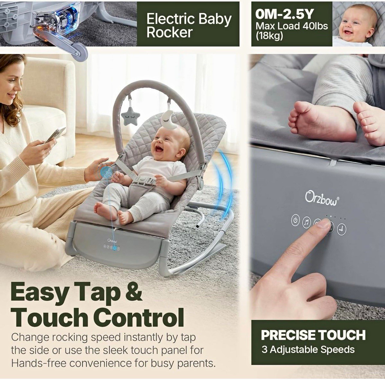 Orzbow Electric Baby Rocker Touch Control Infant Toddler Gray OM-2.5Y Orzbow Electric Baby Rocker Touch Control Infant Toddler Gray OM-2.5Y