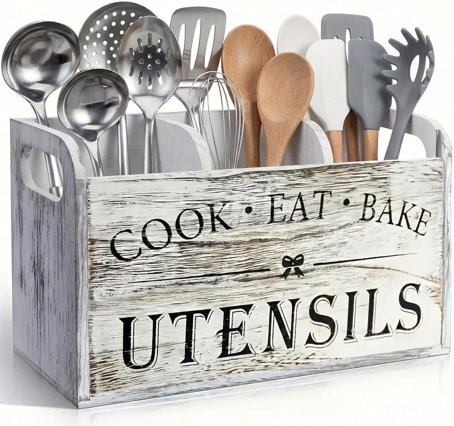 Rustic White Wooden Utensil Holder for Kitchen Counter Decor,Extra Large Kitc...