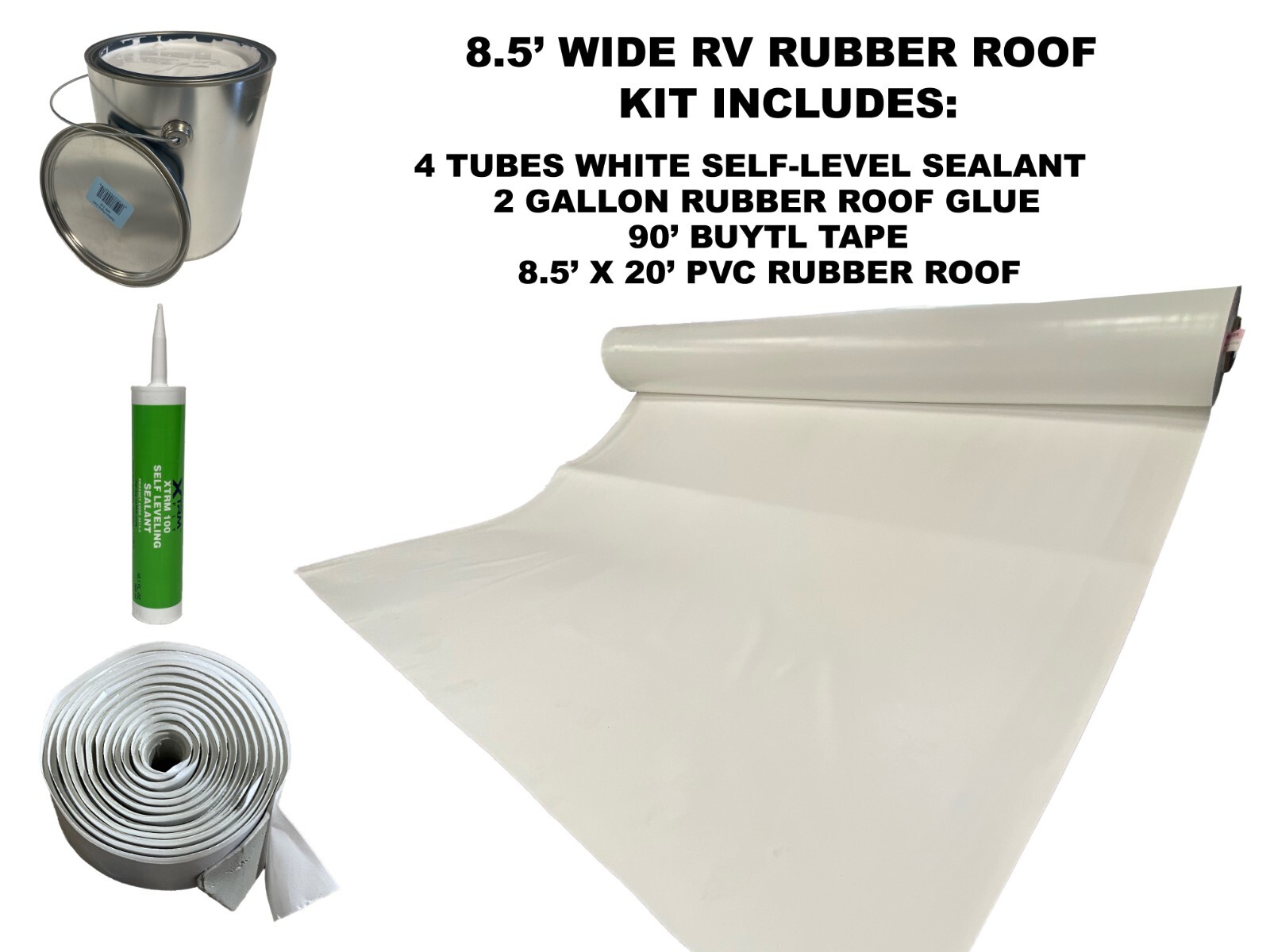 8.5\' Width x 20\' Length PVC RV Rubber Roof Installation Kit Bright White 8.5\' Width x 20\' Length PVC RV Rubber Roof Installation Kit Bright White