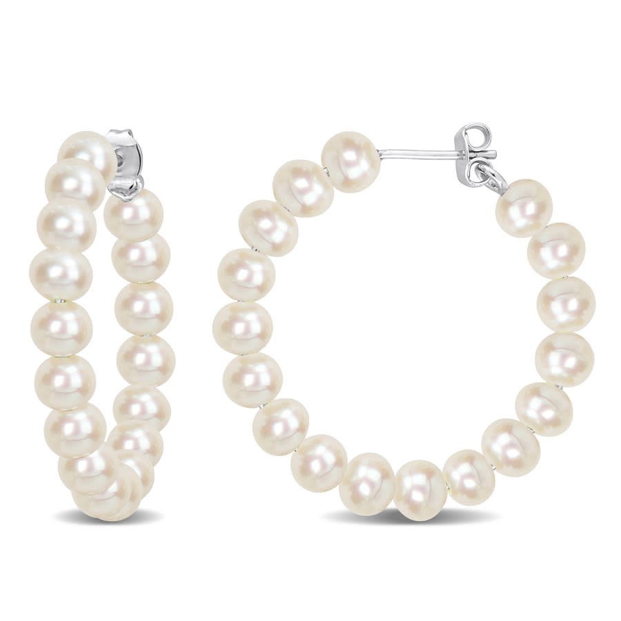 AMOUR 5-5.5mm Freshwater Cultured Pearl Hoop Earrings In Sterling Silver