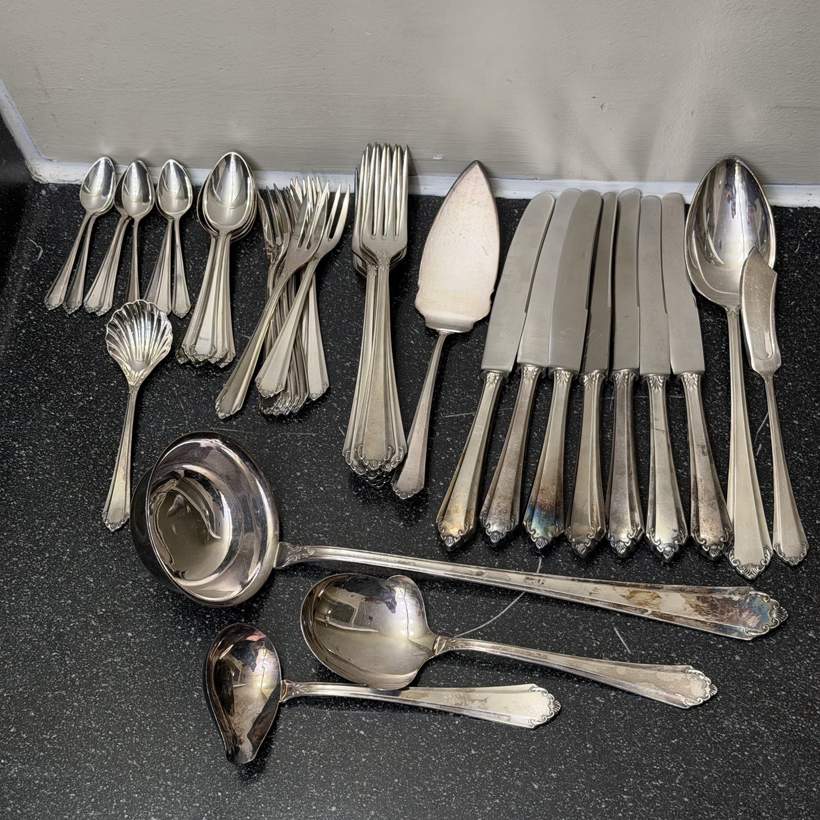 Vintage German Silverplate Flatware Set 43 Pc FBC Rostfrei 90 Silver Spoon Ladle