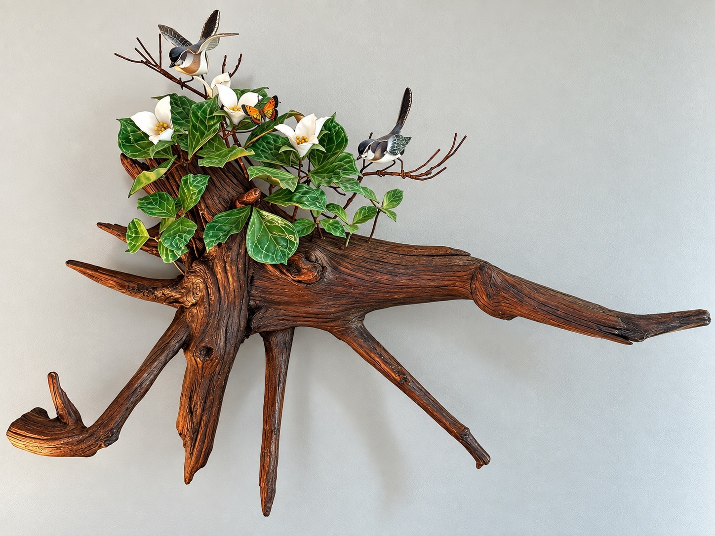 RARE NORMAN BRUMM LARGE (32” long) DRIFTWOOD AND ENAMEL BIRD/BUTTERFLY SCULPTURE