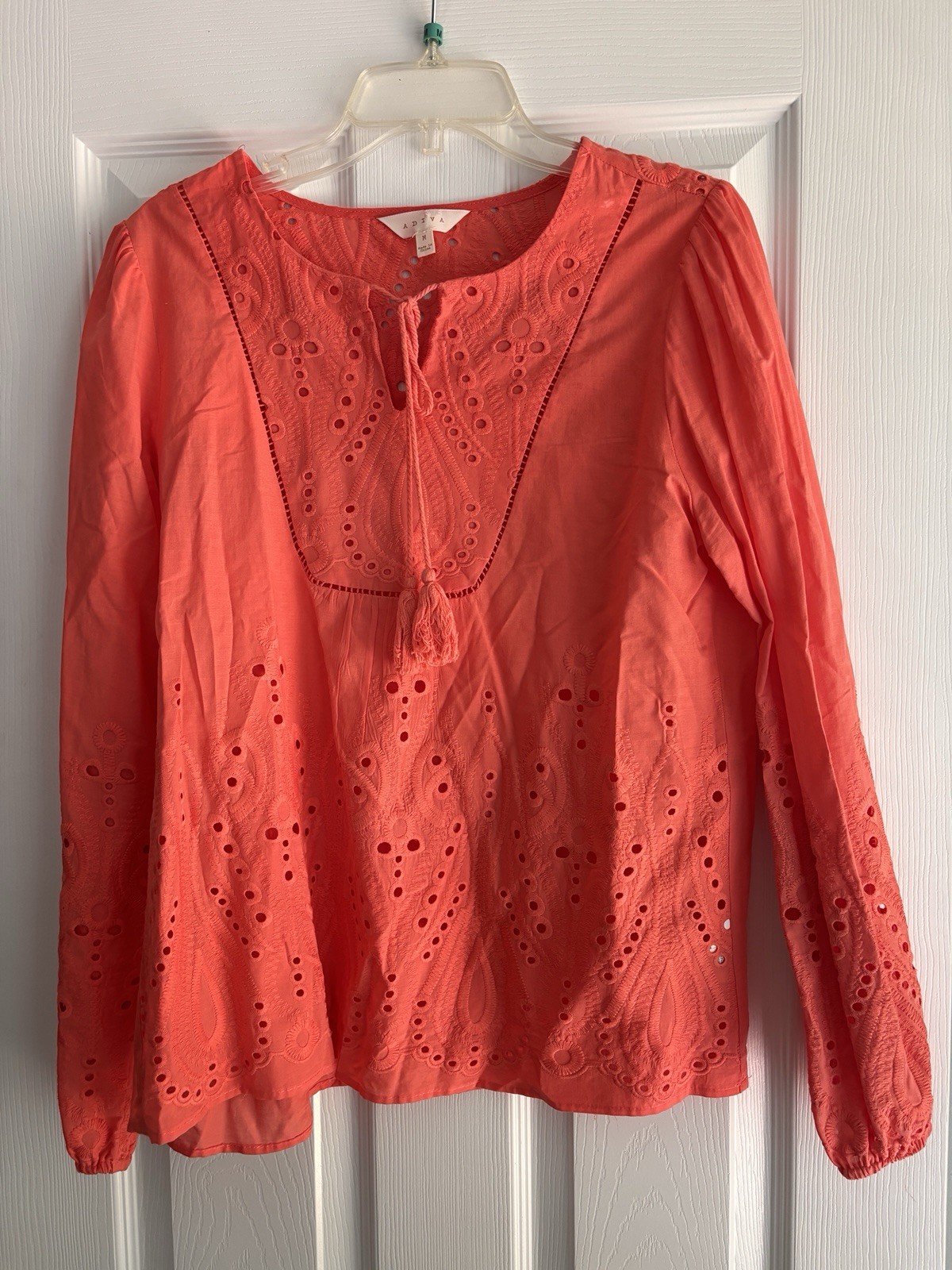 Adiva Eyelet Lace Blouse Women M Orange Cotton Button Front Boho Top