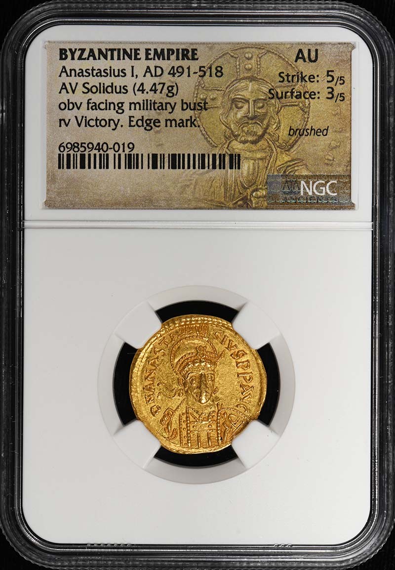 Anastasius I, AD 491-518 BYZANTINE EMPIRE AV Solidus NGC AU 5/3