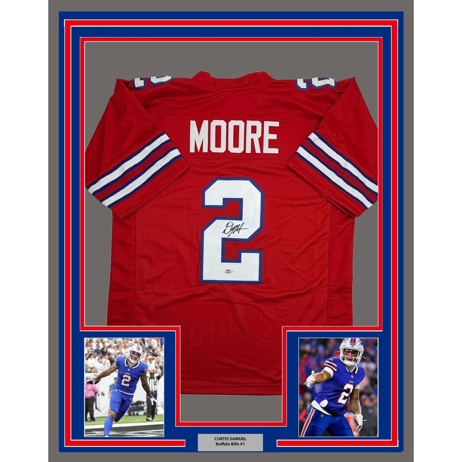 Framed Autographed/Signed DJ D.J. Moore 35x39 Buffalo Red Jersey PSA COA