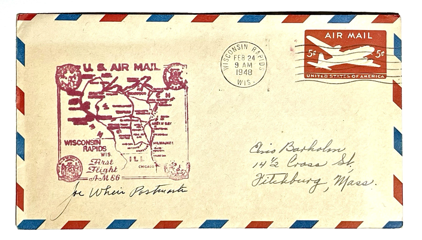 WISCONSIN RAPIDS, 1948 POSTMASTER SIGNED 1st FLIGHT, WISCONSIN CENTRAL AIRLINES WISCONSIN RAPIDS, 1948 POSTMASTER SIGNED 1st FLIGHT, WISCONSIN CENTRAL AIRLINES