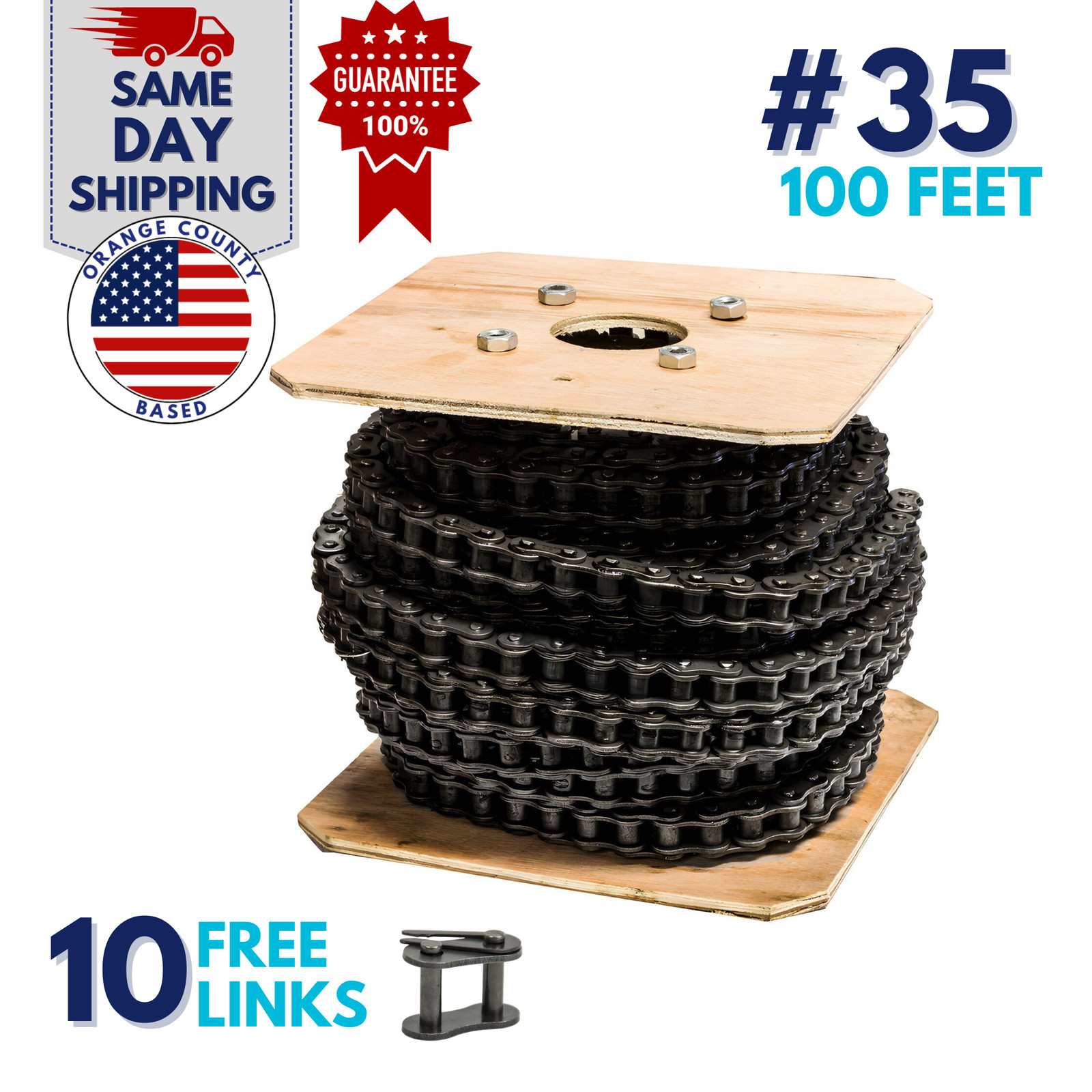 #35 Roller Chain 100 Feet with 10 Connecting Links