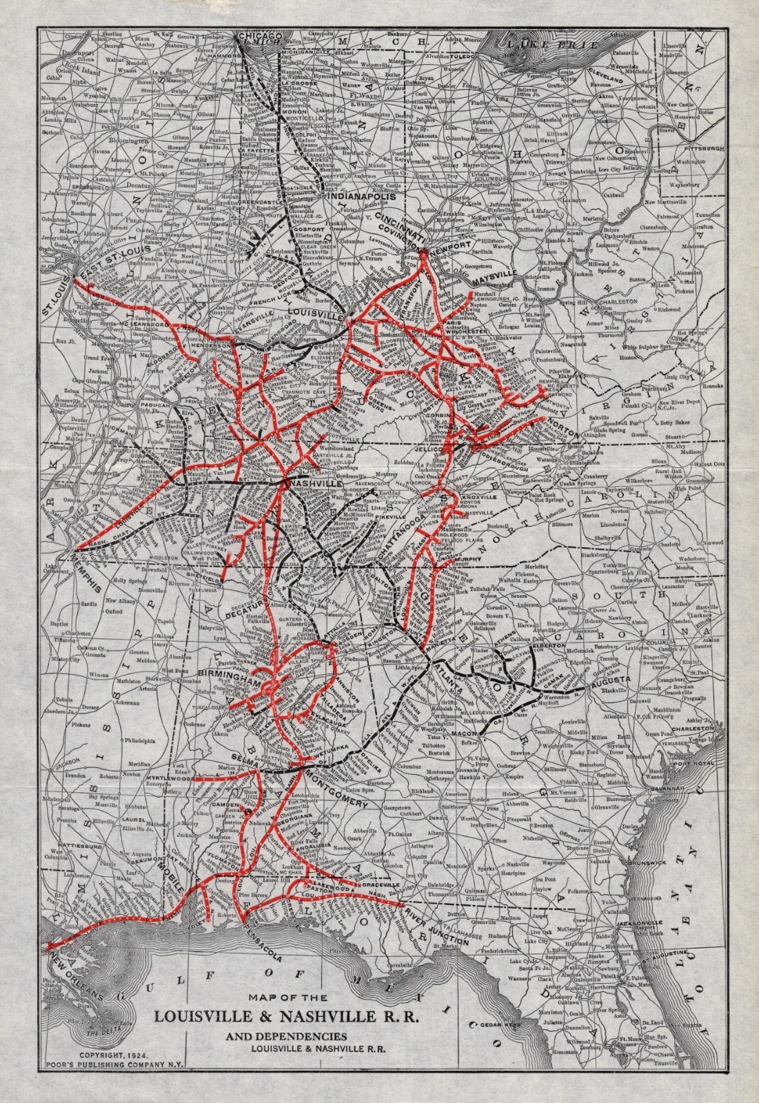 1924 Antique Louisville & Nashville Railroad Map  L & N Railroad Map 3254