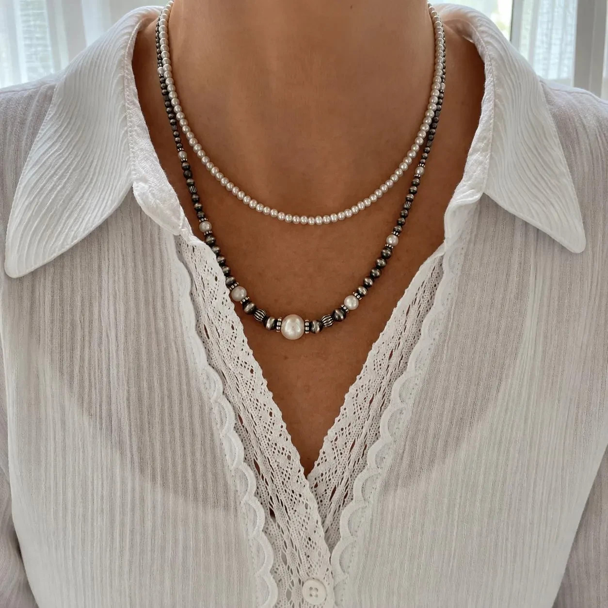 White Freshwater Pearl & Sterling Silver Necklace, 4-10mm Navajo Pearl Choker
