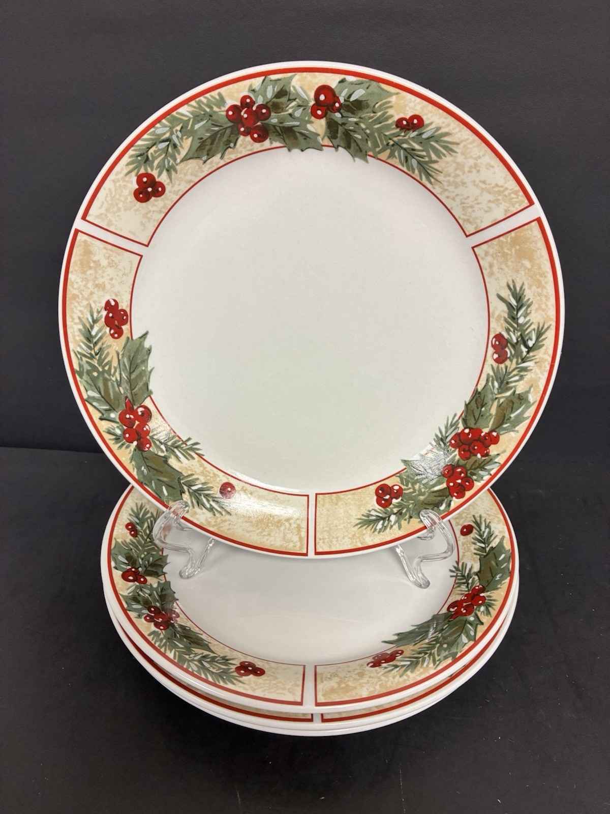 Gibson Stoneware Christmas Dishes MERRY MISTLETOE Set of 4 Dinner Plates 9-7/8” Gibson Stoneware Christmas Dishes MERRY MISTLETOE Set of 4 Dinner Plates 9-7/8”