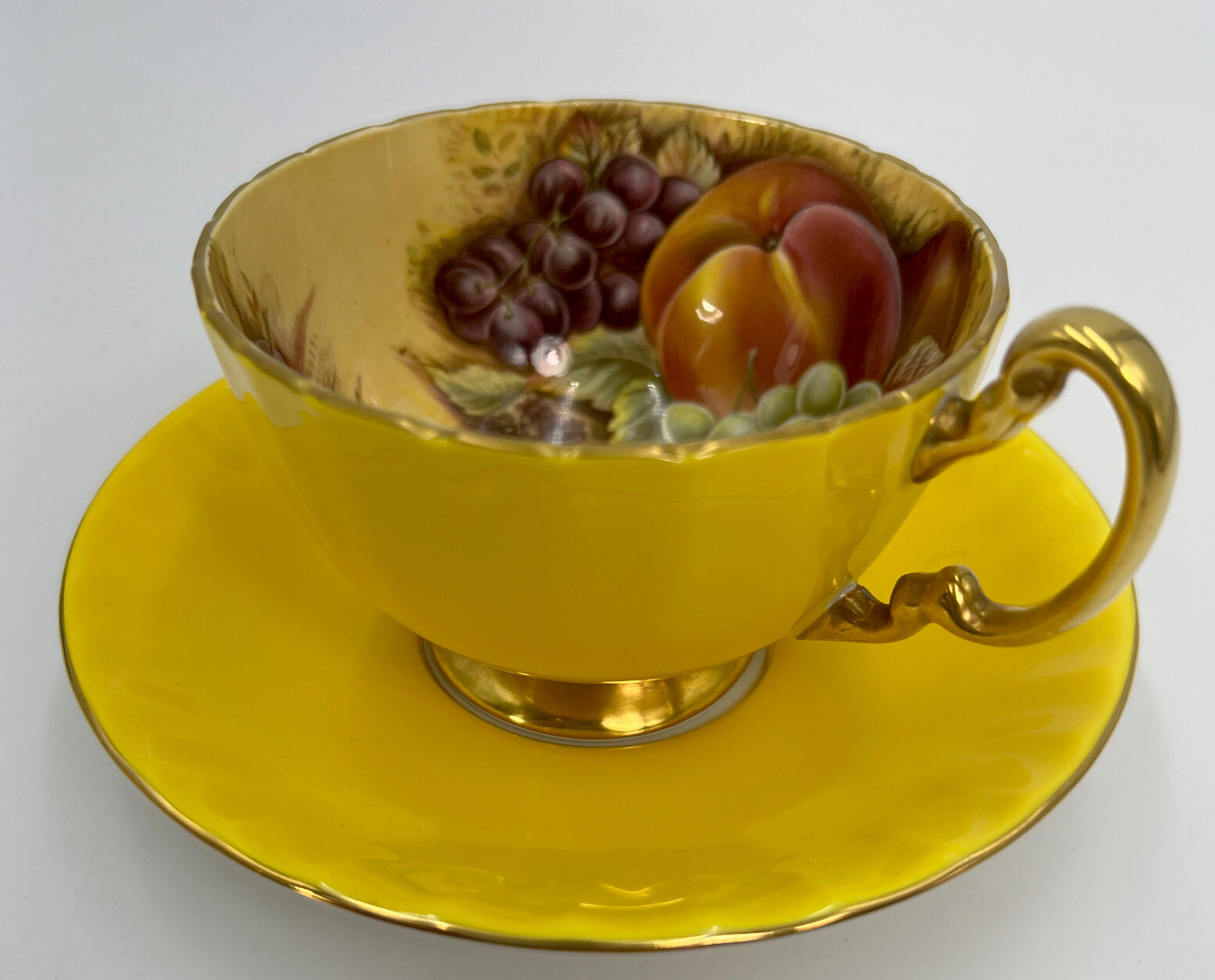 Vintage Aynsley Orchard Fruit Yellow Tea Cup & Saucer footed England Vintage Aynsley Orchard Fruit Yellow Tea Cup & Saucer footed England
