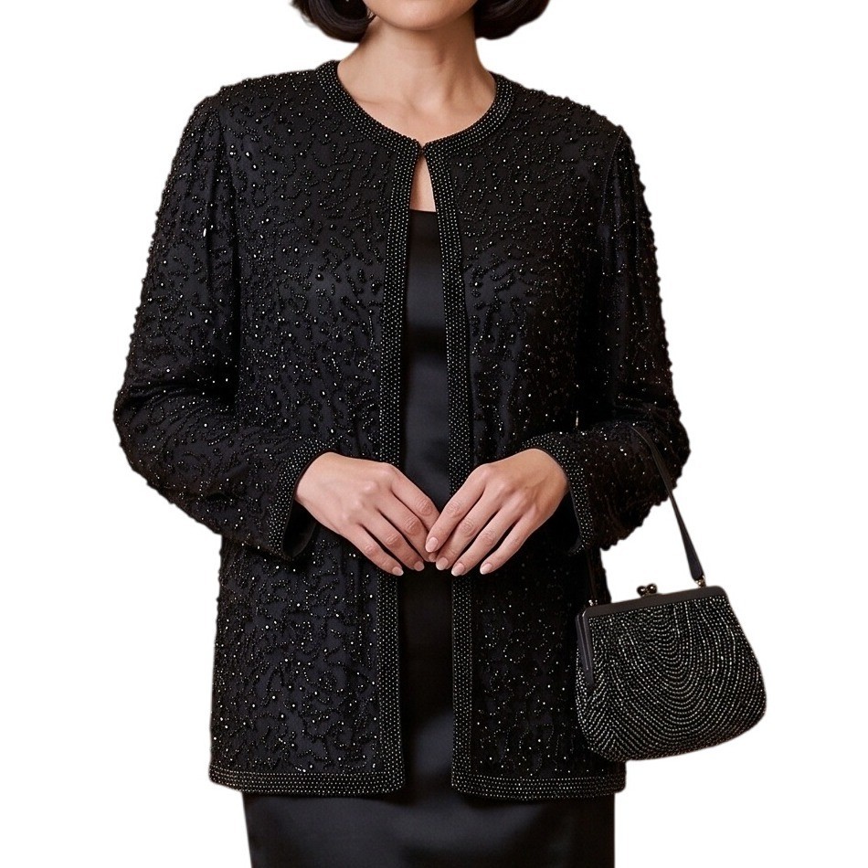 Vintage Cote d\'Azur 100% Silk Evening Jacket Sz L Embroidered Beaded Event Top