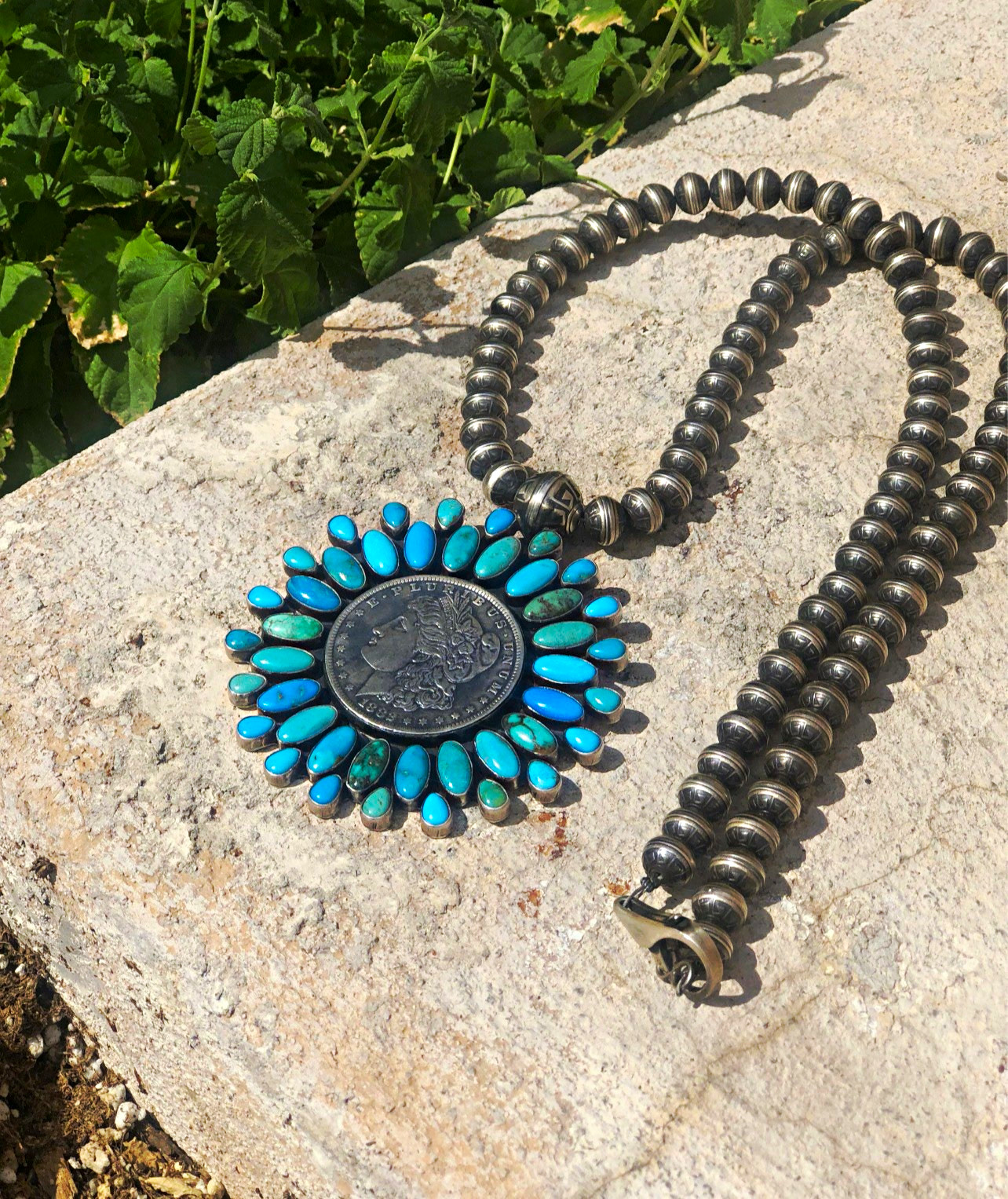 Vintage Paul Livingston Sterling Silver Turquoise Cluster Coin Pendant Necklace Vintage Paul Livingston Sterling Silver Turquoise Cluster Coin Pendant Necklace