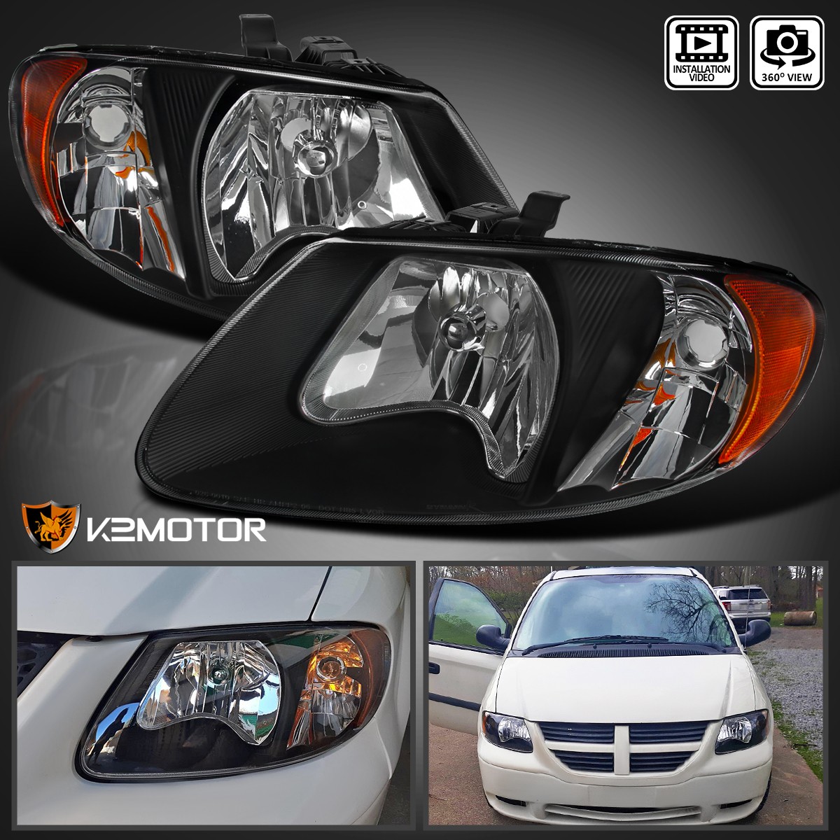 Fits 2001-2007 Dodge Caravan Chrysler Town & Country Black Headlights Lamp LH+RH Fits 2001-2007 Dodge Caravan Chrysler Town & Country Black Headlights Lamp LH+RH