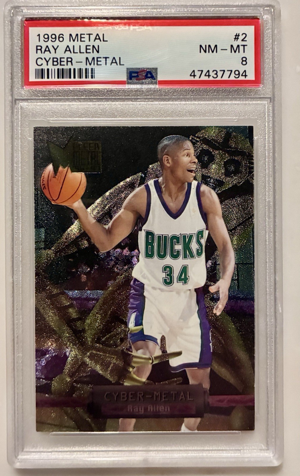 PSA 8 RAY ALLEN 1996 Fleer Metal Basketball Cyber-Metal #2 MIL Bucks PSA 8 RAY ALLEN 1996 Fleer Metal Basketball Cyber-Metal #2 MIL Bucks