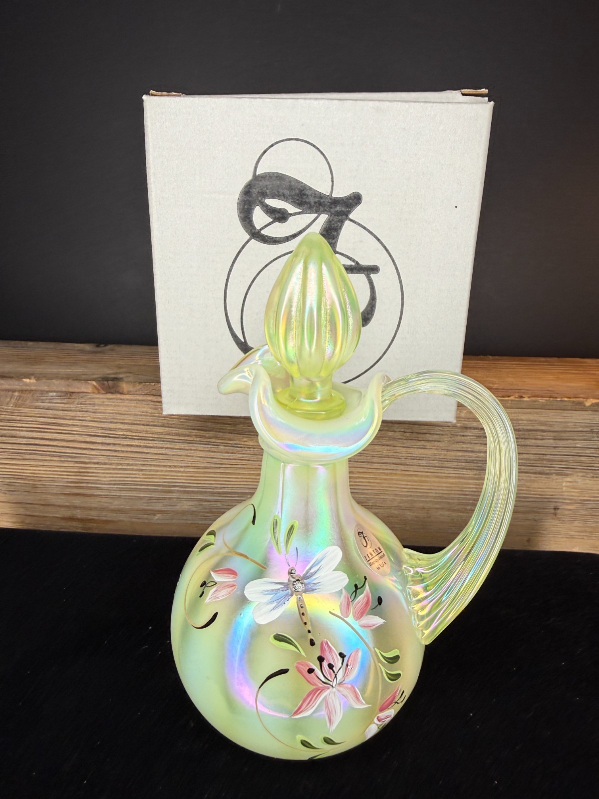 Fenton Lily Trail on Topaz Vaseline Opalescent Cruet 3208 TK w Box (Glows)