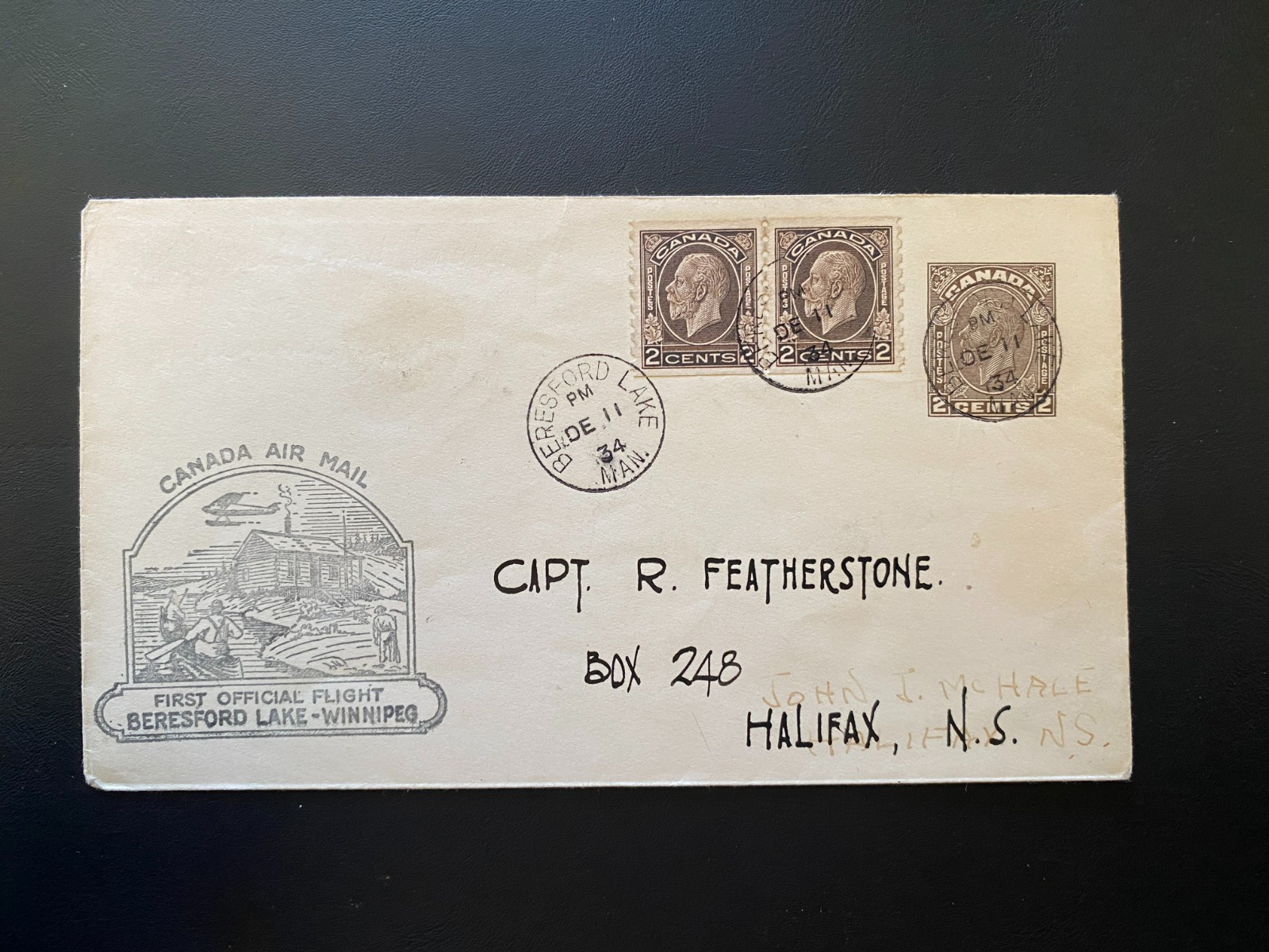 1934 Canada FFC Beresford Lake to Winnipeg Pilot Hollick-Kenyon Air  9-23