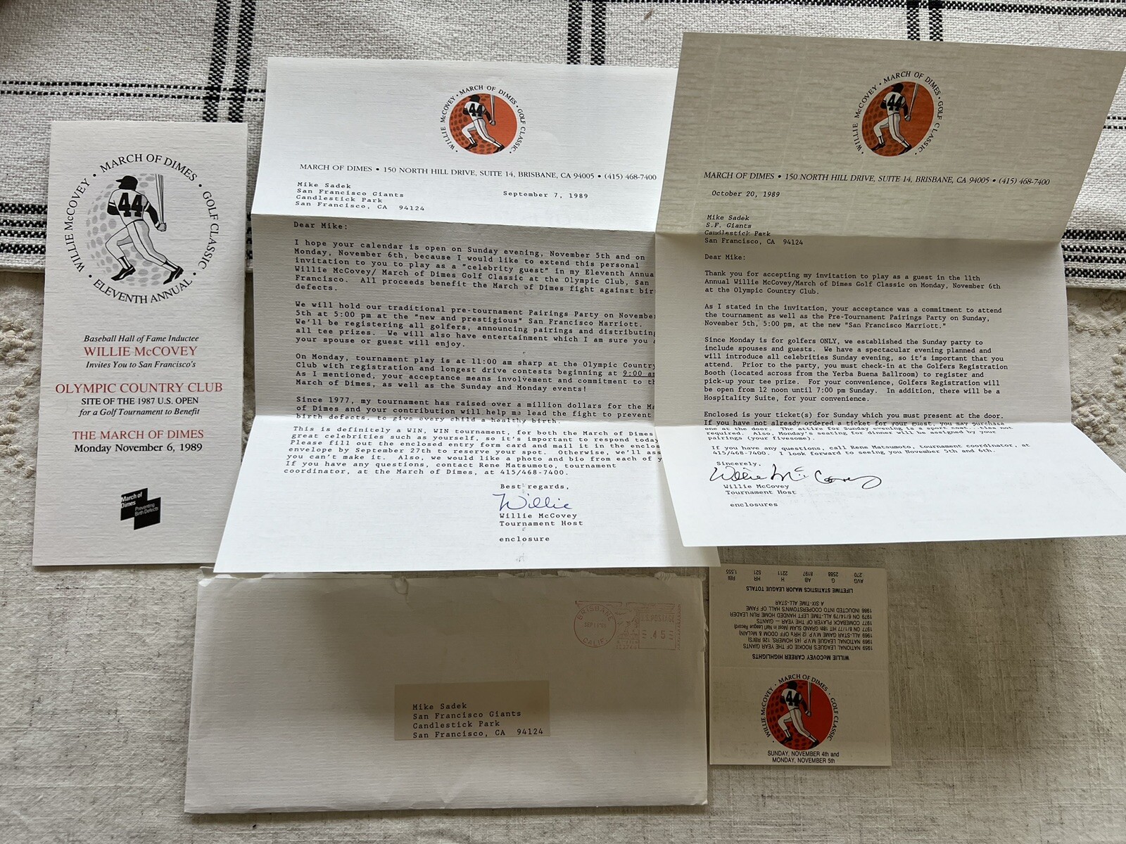 1989 Willie McCovey March of Dimes Golf Classic Correspondence SF Giants HOF 1989 Willie McCovey March of Dimes Golf Classic Correspondence SF Giants HOF