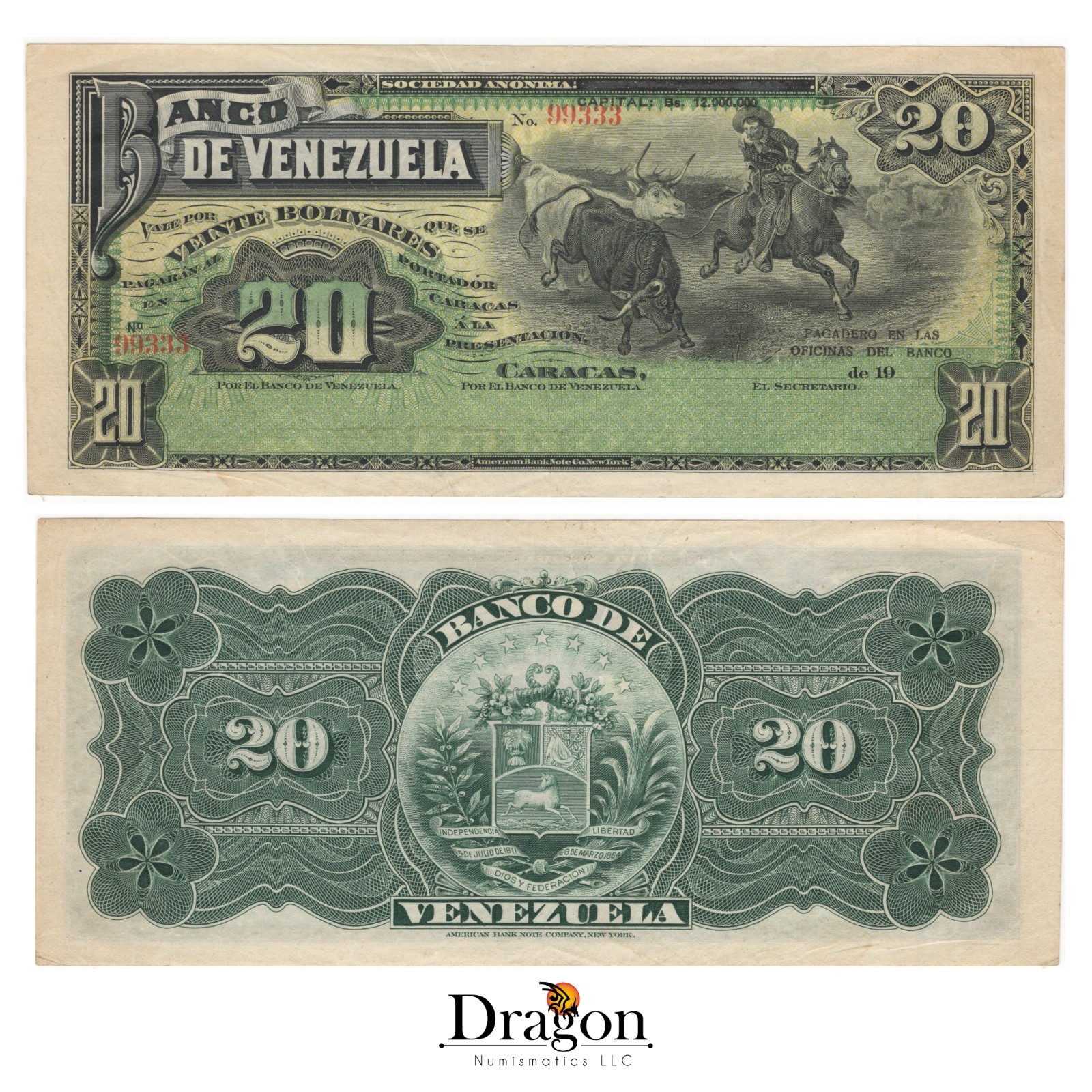 Venezuela 20 Bolivares note |Vaquero & Cattle|PS281| 1910 REMAINDER Vintage AU