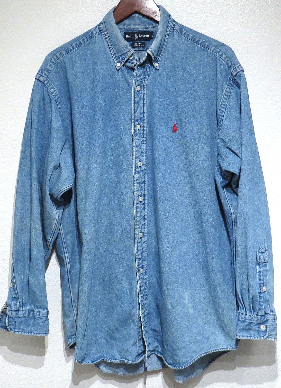 vtg Ralph Lauren BLUE JEAN Shirt Men LARGE denim Red Pony STAINS 90s/Y2K button