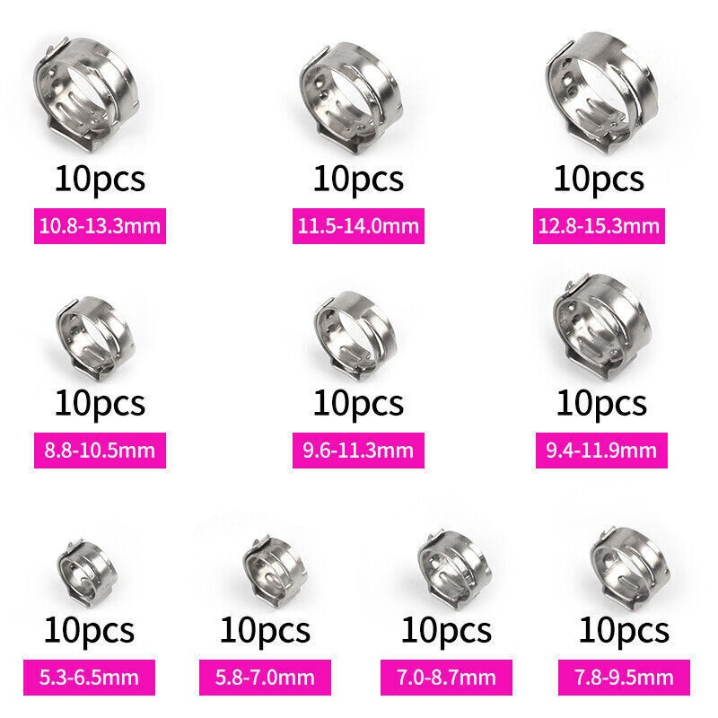 100-260PCS Stainless Steel Single Ear Stepless Hose Clamps 6.5-21mm Kit or Plier