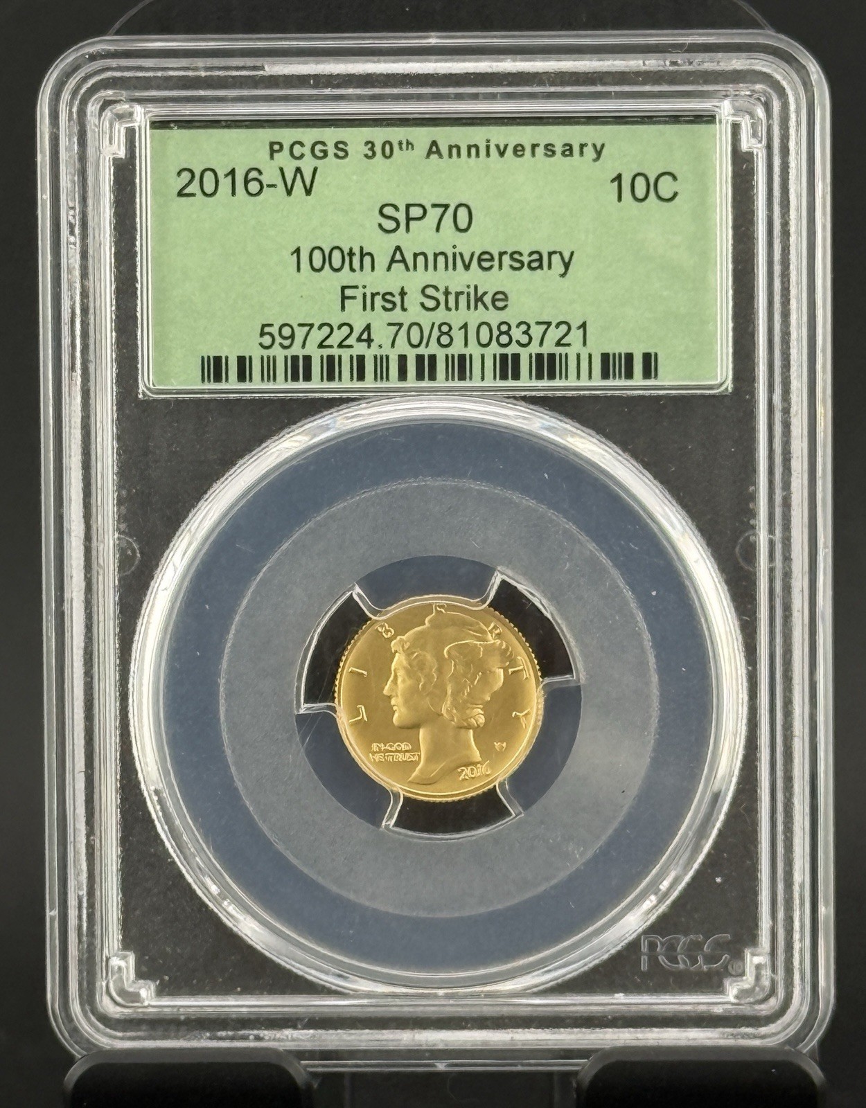 2016-W Gold Mercury Dime 10C PCGS SP70 First Strike 100th Anniversary 1/10 Oz