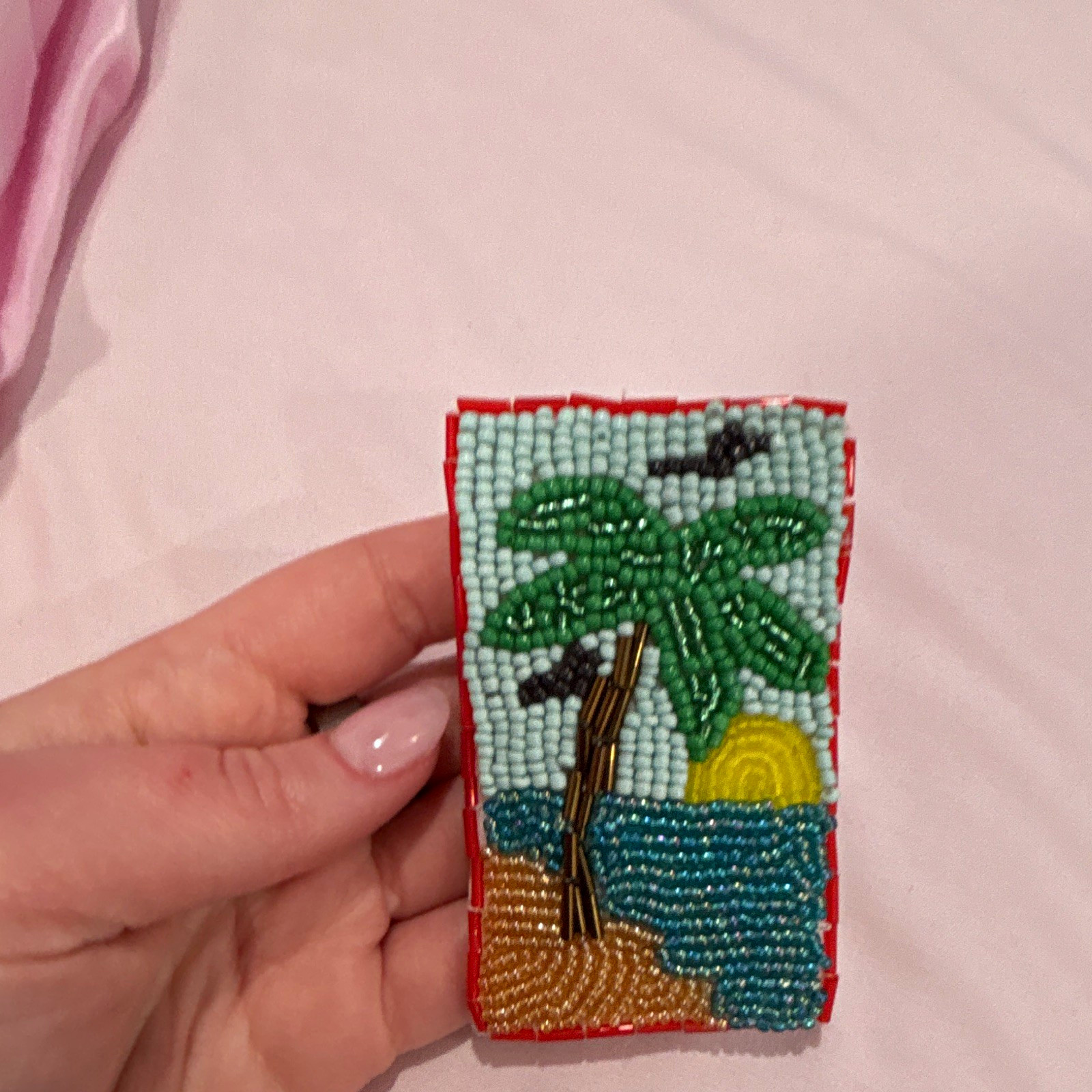 Handmade Beaded Palm Tree Beach Sunset Scene Patch/Panel Red Trim White Back Handmade Beaded Palm Tree Beach Sunset Scene Patch/Panel Red Trim White Back