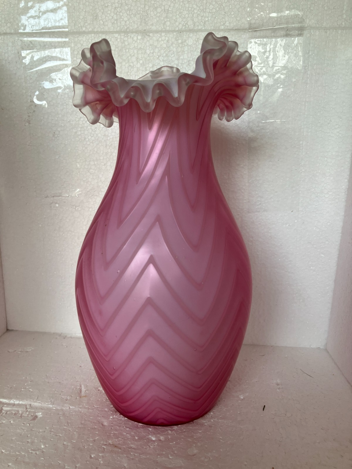 Rare Victorian Mt Washington Cased Pink Satin Glass Crested Zigzag Pattern 10.25