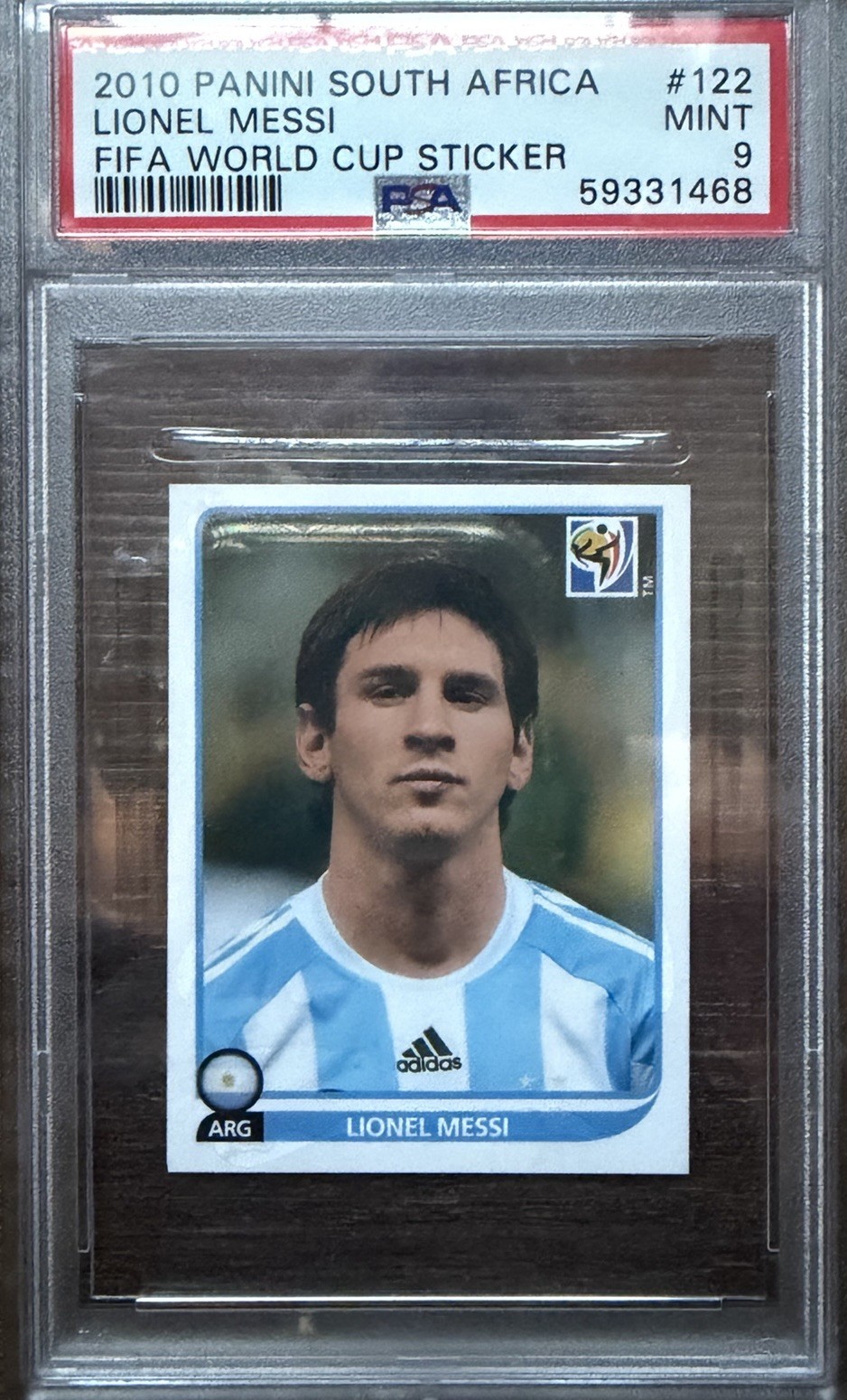 2010 PANINI SOUTH AFRICA FIFA WORLD CUP STICKER BLUE BACK LIONEL MESSI PSA 9