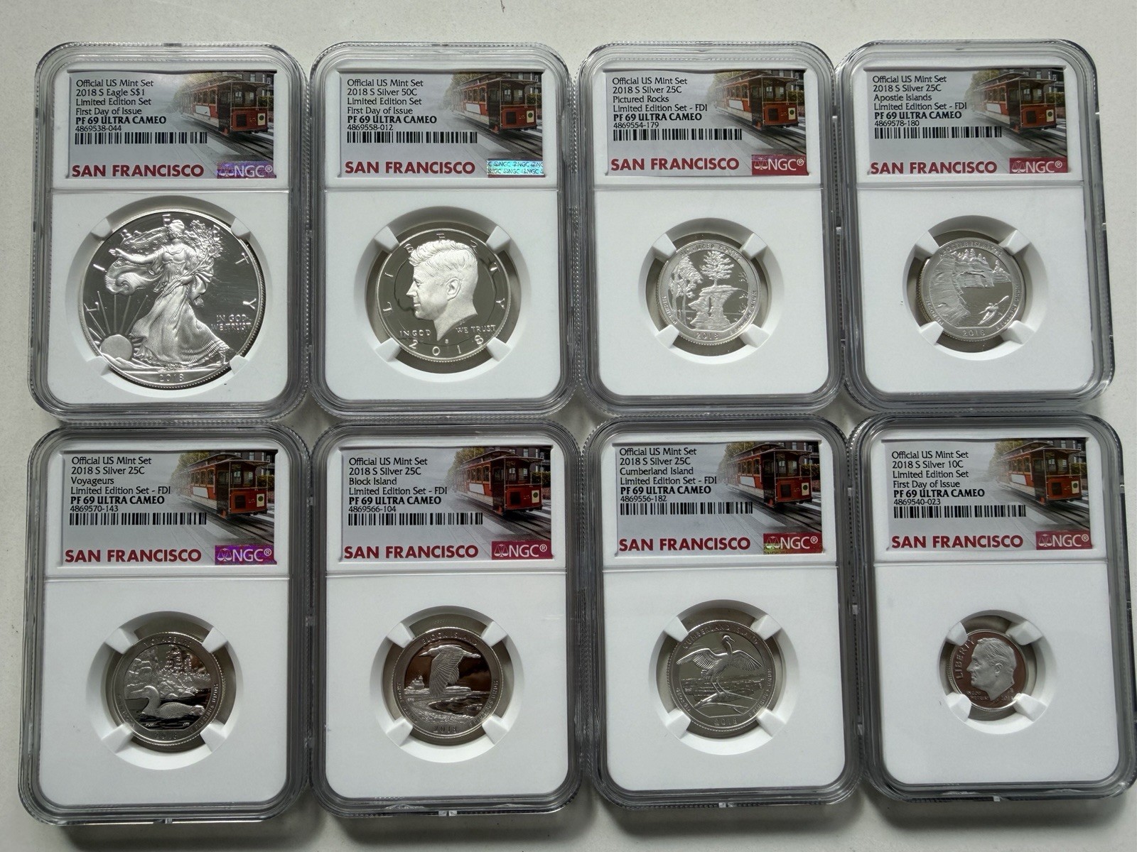 2018-S US Mint Limited Silver Proof 8pc Set NGC PF69 First Day Trolley Label