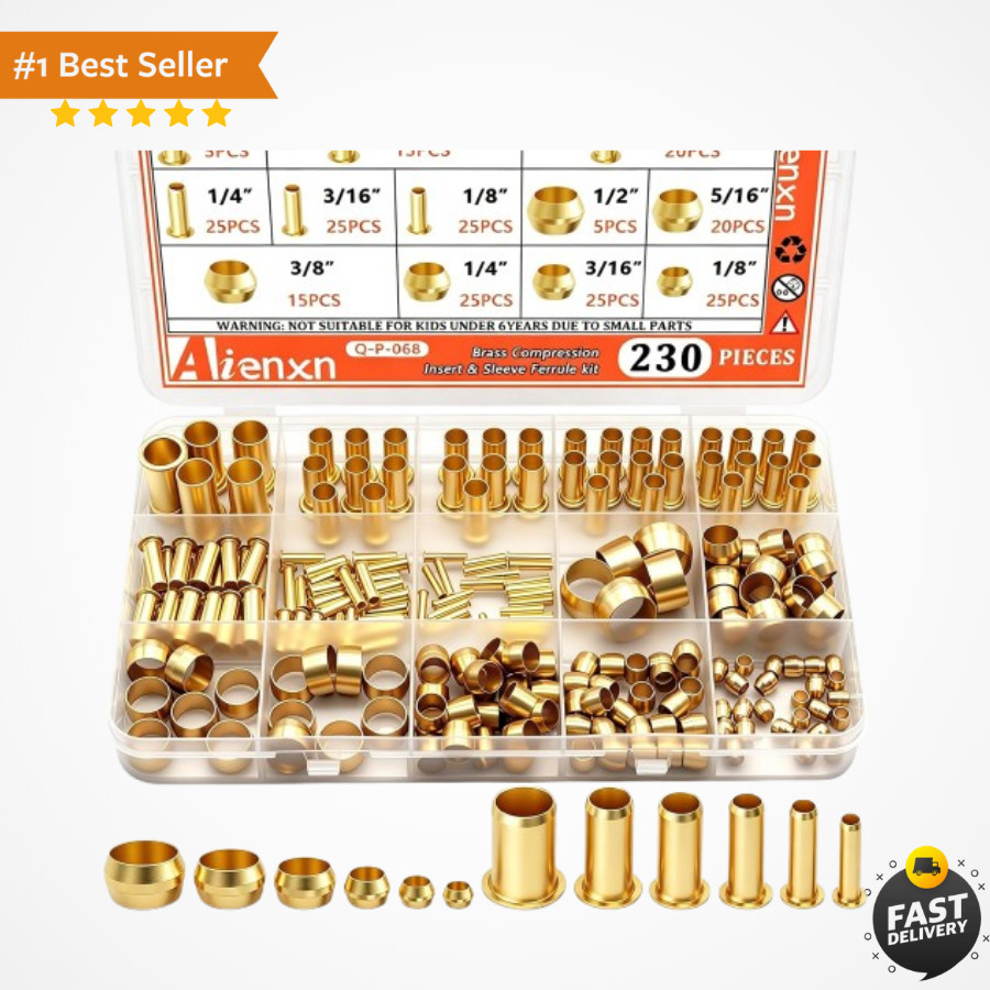 Compression Fittings Assortment kit-6 230PCS Sleeves Ferrules,Insert, Brass