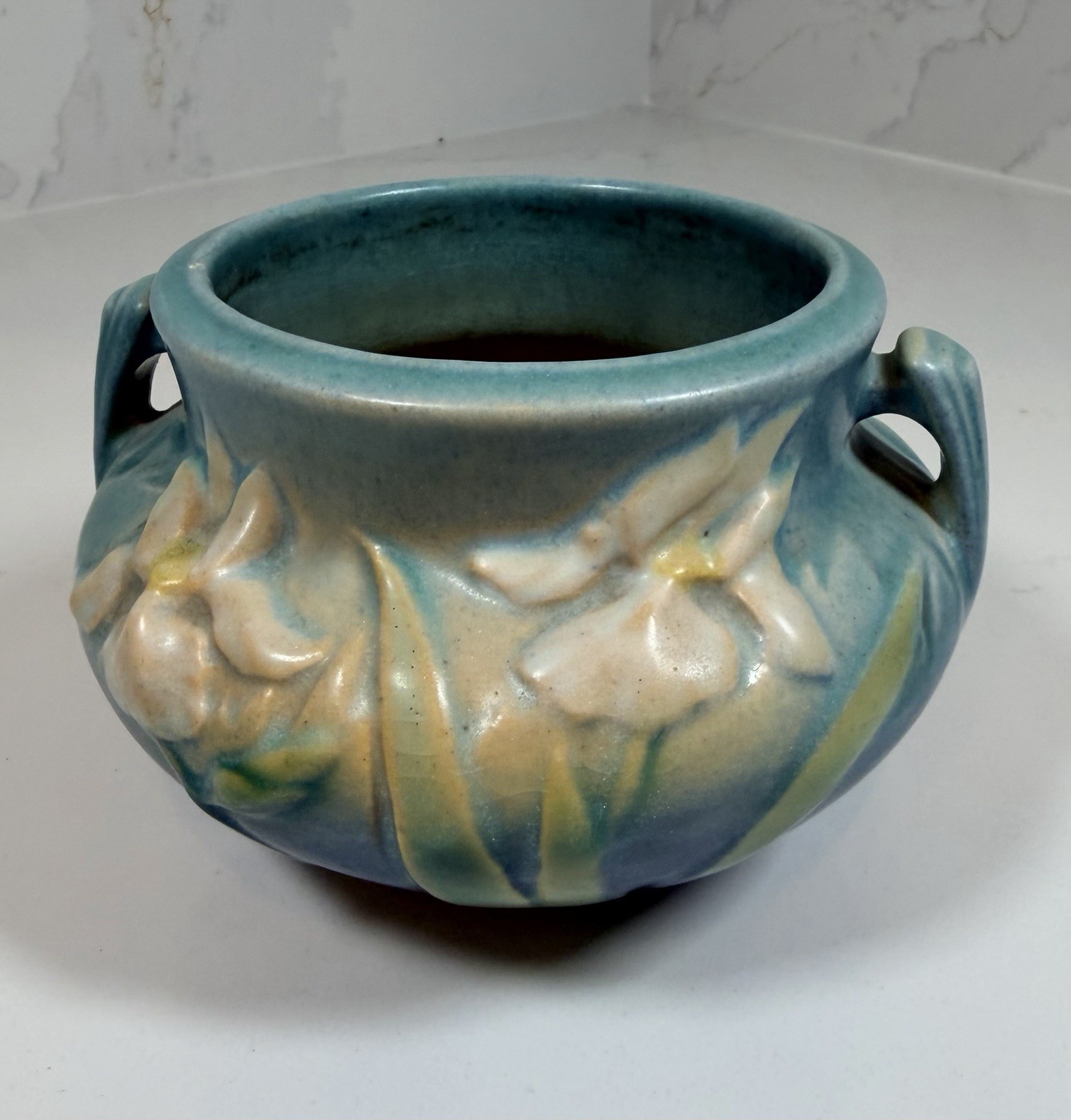 Vtg 1939 Roseville Pottery Iris Blue Jardiniere Planter Bowl 647-3 3.5” Art Deco