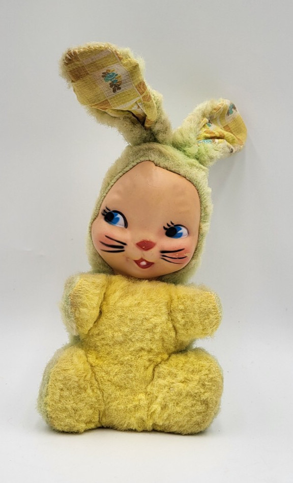 Vintage 1950s/60s Yellow Plush Bunny Molded Plastic Painted Face Wired Ears