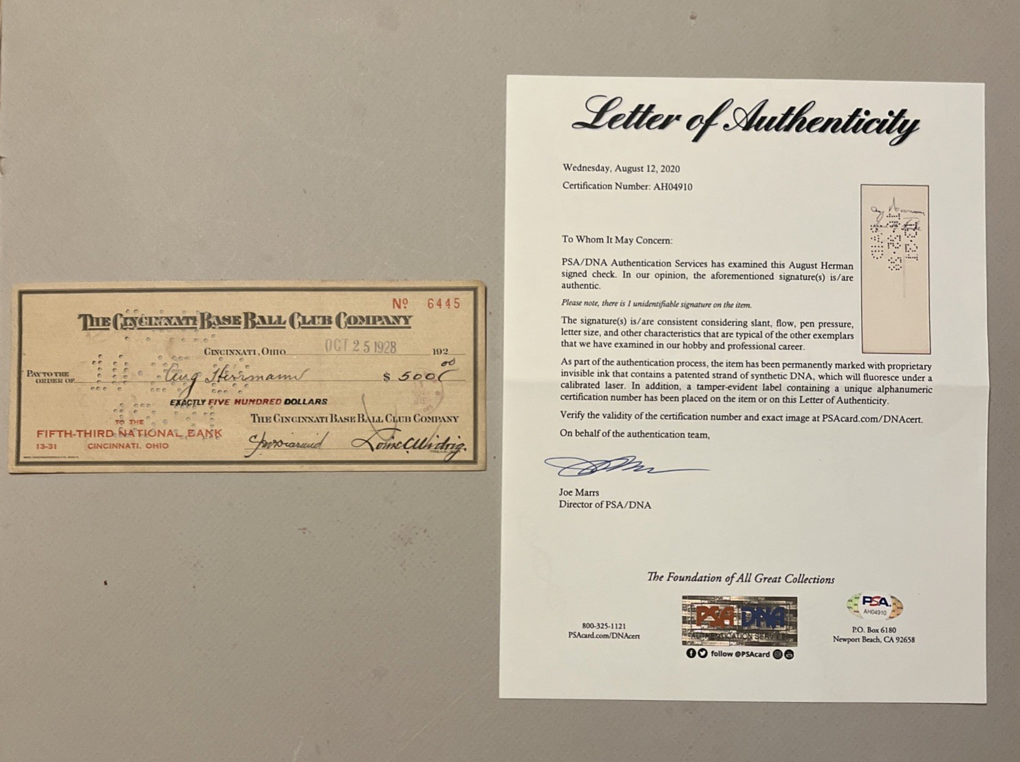 1928 Cincinnati Reds Baseball Check Signed by August Hermann PSA Died 1931 1928 Cincinnati Reds Baseball Check Signed by August Hermann PSA Died 1931