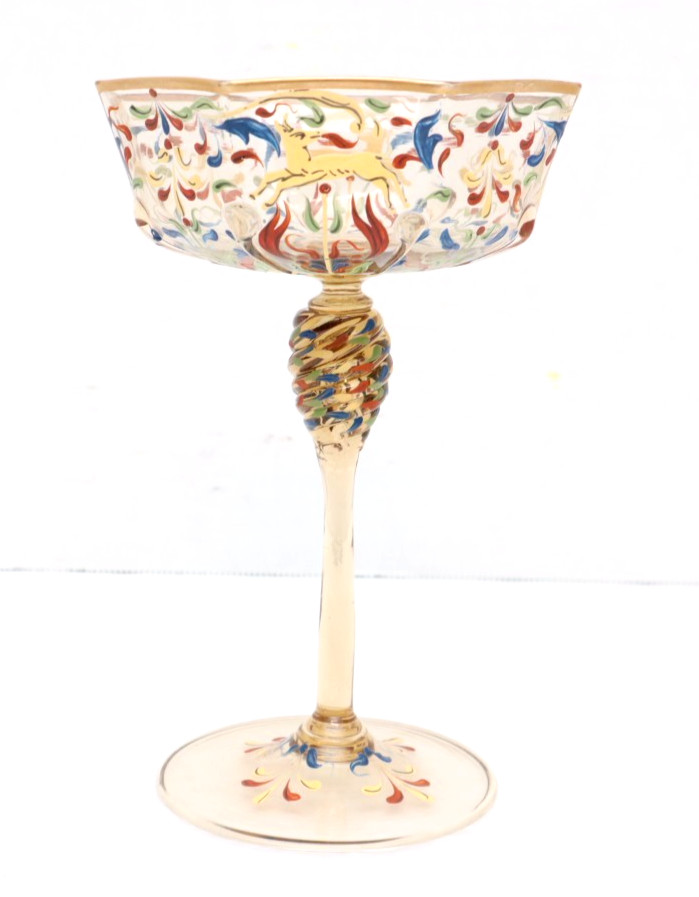 ANTIQUE Moser Salviati Canine & Foliate Coupe Champagne Glass Enameled Venetian