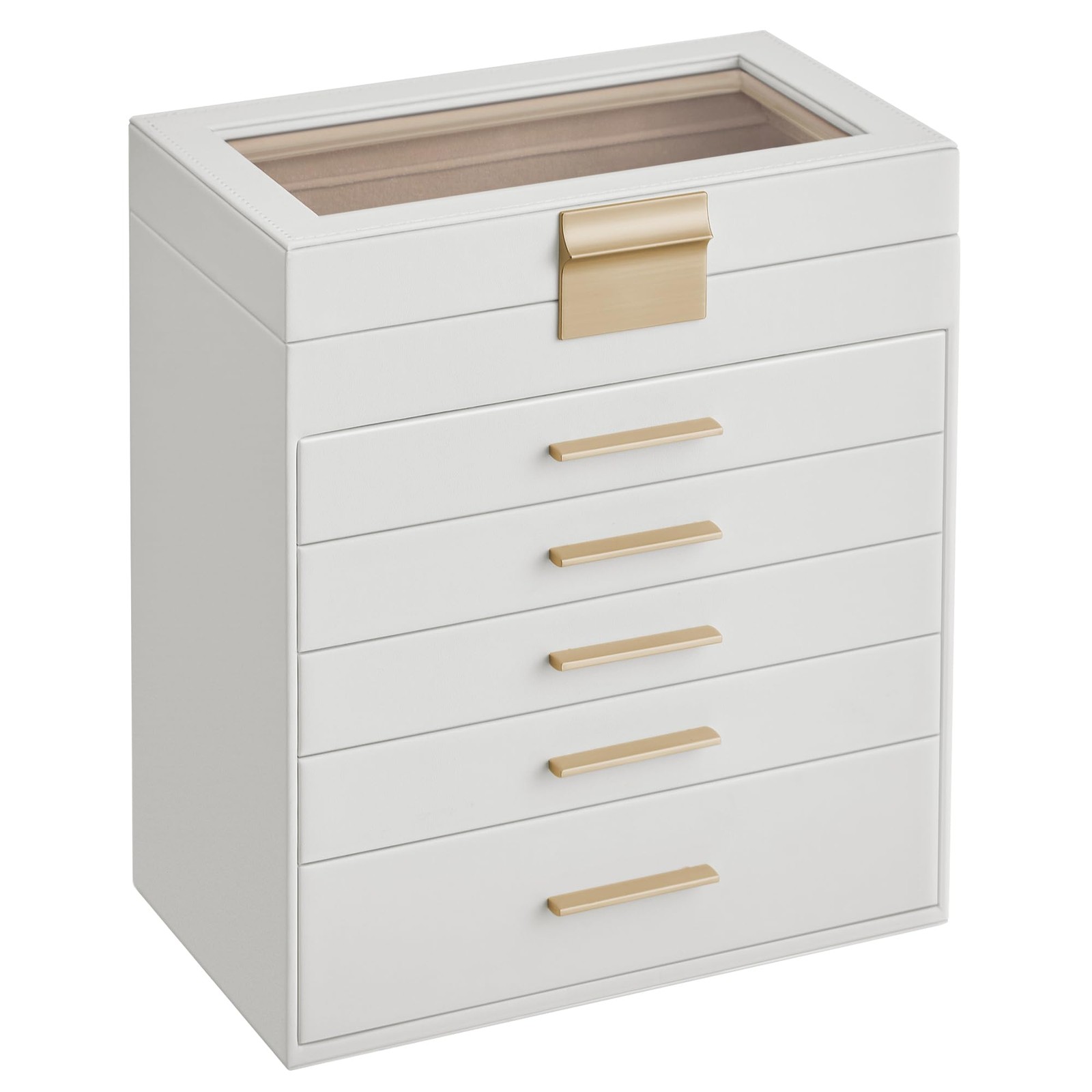 SONGMICS JEWELRY BOX, 6-LAYER ORGANIZER, 5 DRAWERS - CLOUD WHITE/GOLD
