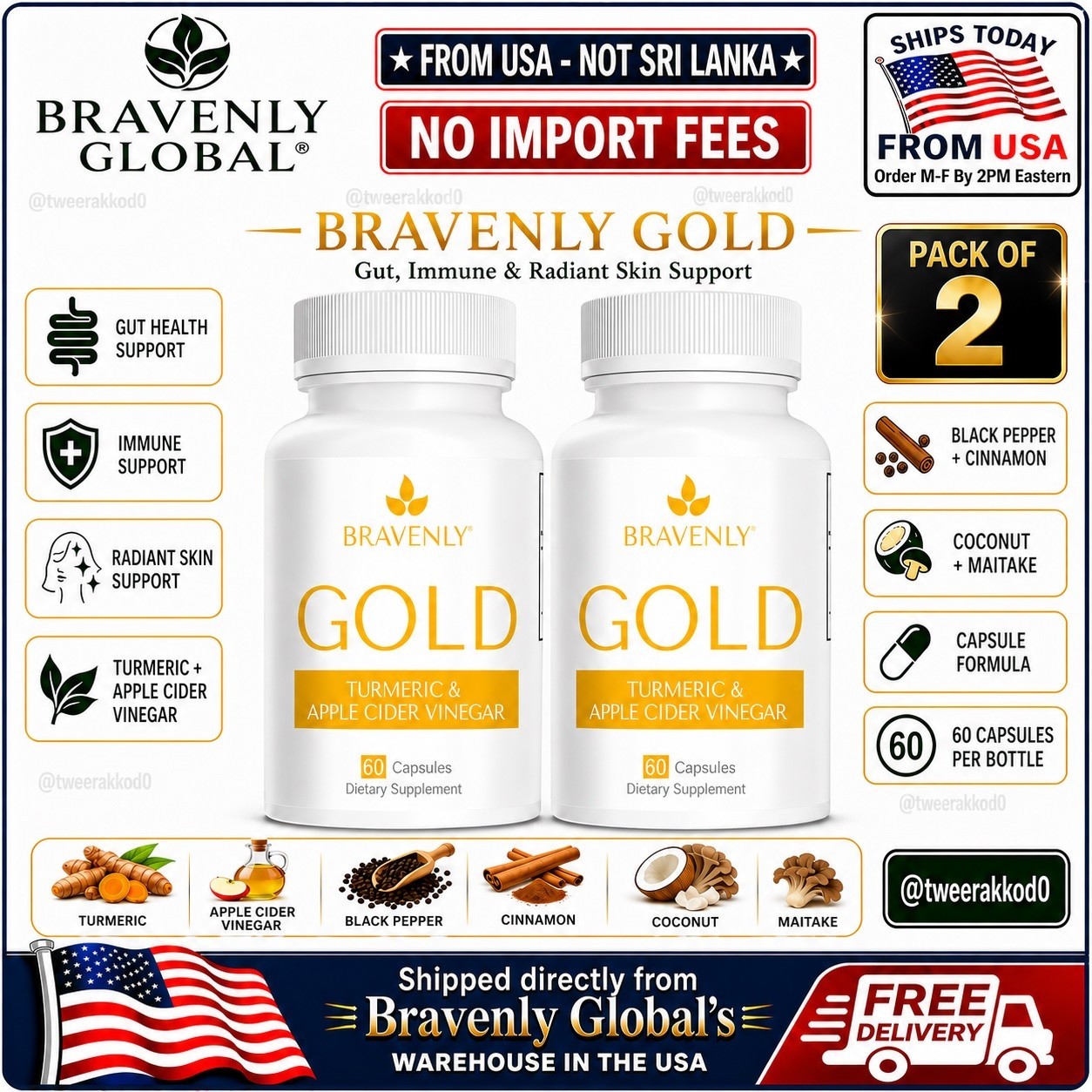 Bravenly GOLD Turmeric Apple Cider Vinegar Capsules 60ct 2 Bottles Gut Support🔥