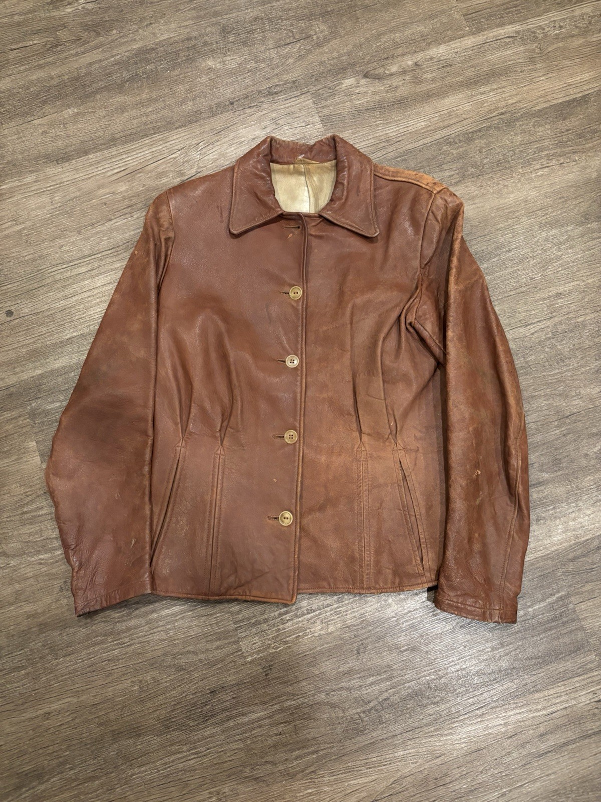 vintage women’s 1940’s cossack button front leather jacket pleats pockets 19x24 vintage women’s 1940’s cossack button front leather jacket pleats pockets 19x24