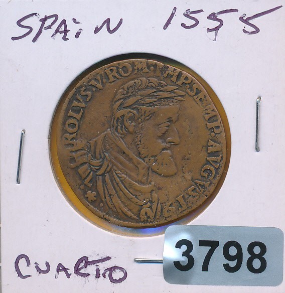 SPAIN - CARLOUS V - COPPER CUARTO 1555 - RARE - #3798 - CLEARANCE SPAIN - CARLOUS V - COPPER CUARTO 1555 - RARE - #3798 - CLEARANCE