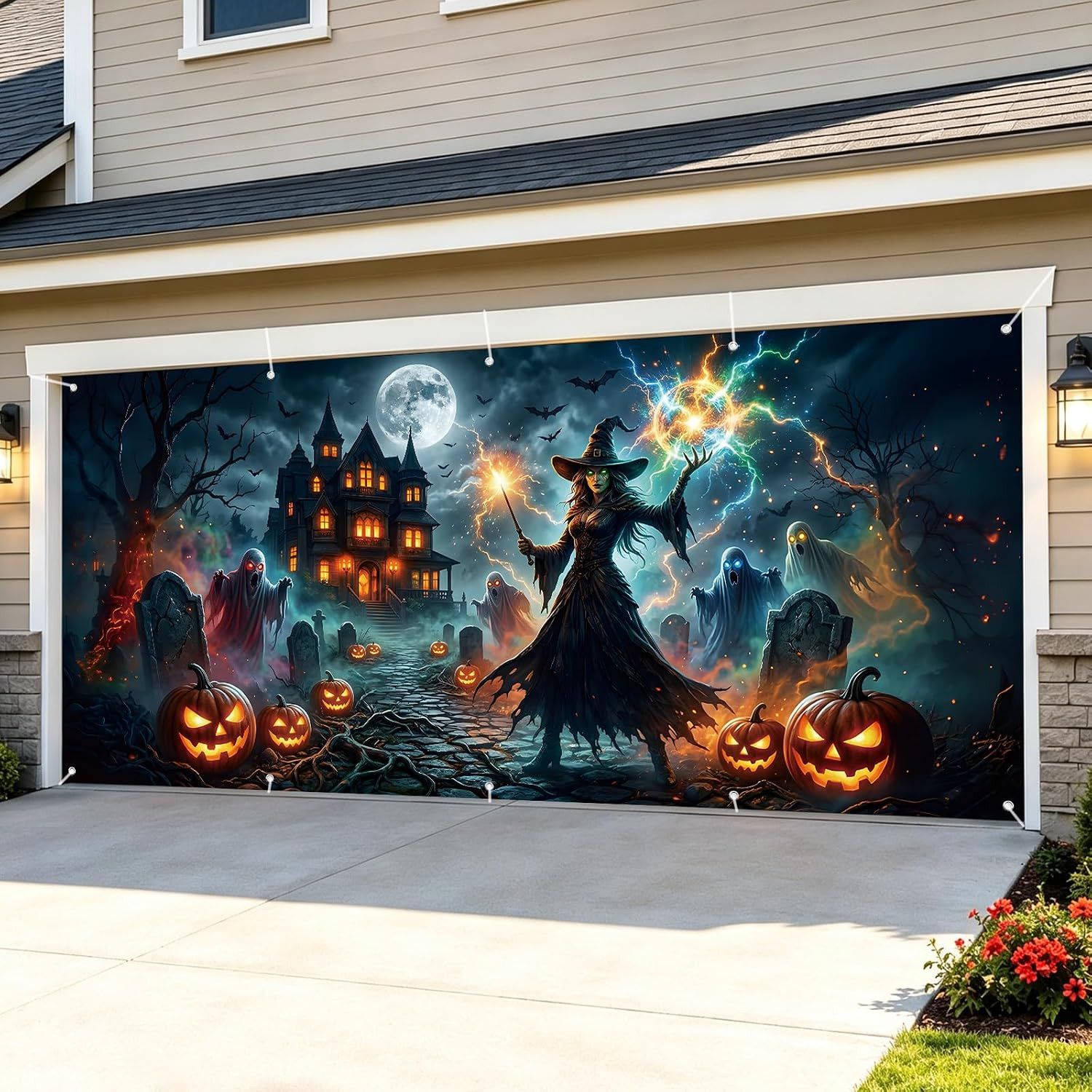 16 X 7 Ft Halloween Garage Door Cover Banner Scary Witch Haunted House Backdrop