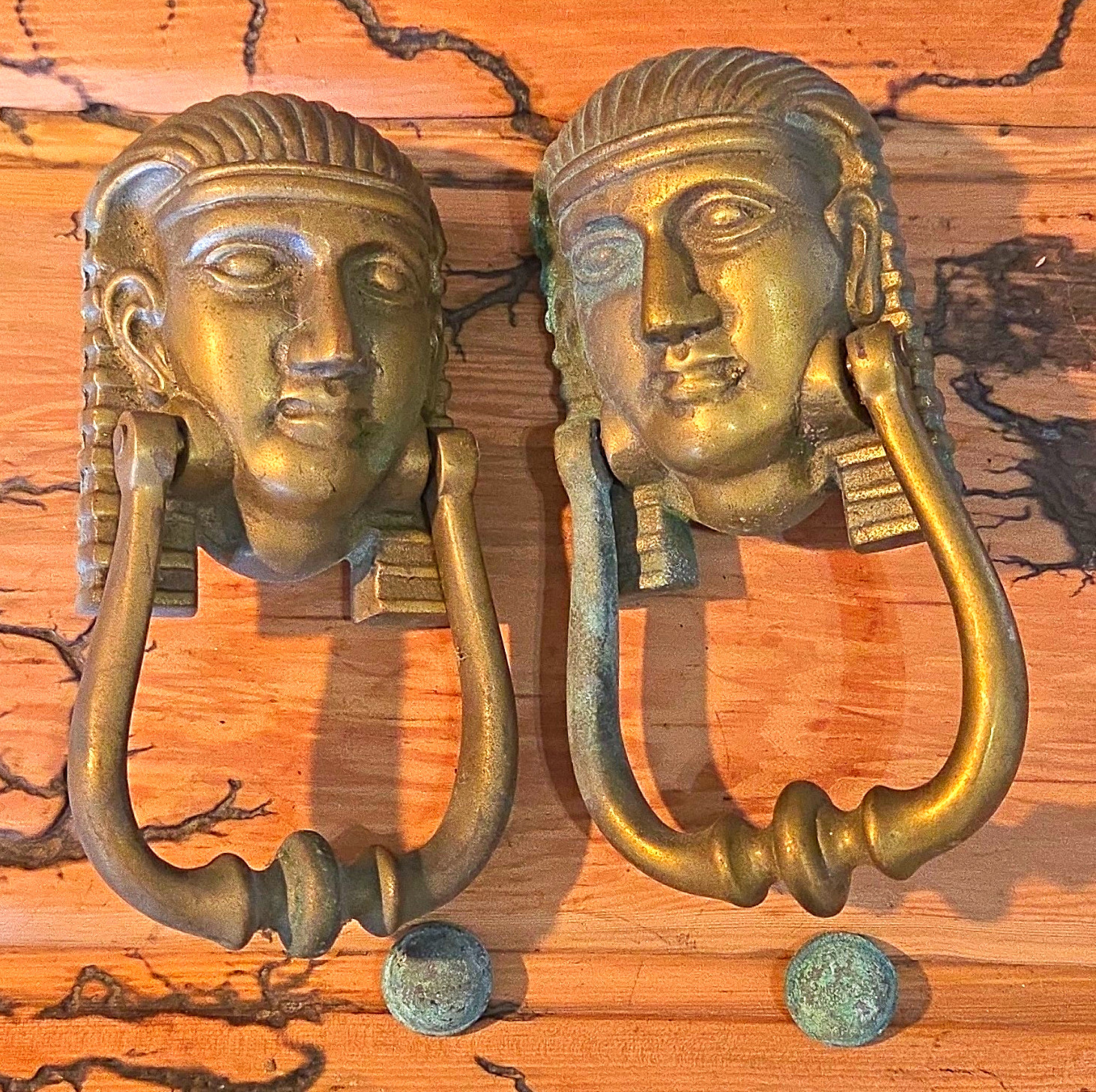 Pair Antique Brass Egyptian Head  Door Knockers 