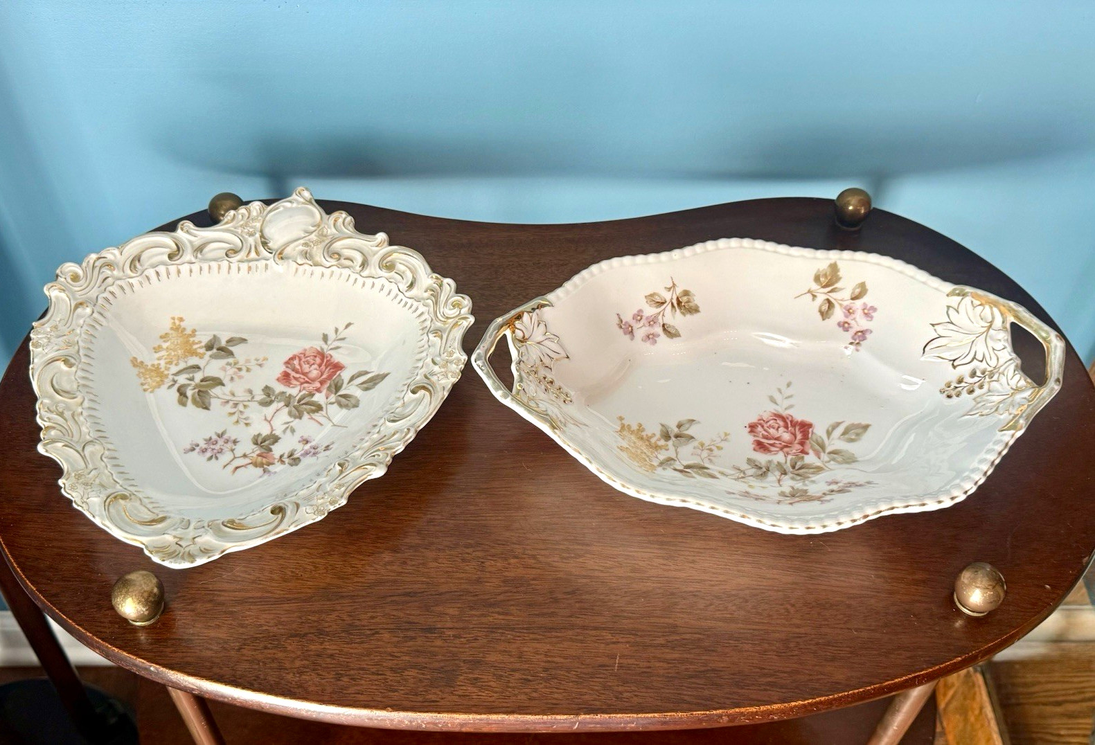 Antique 1890s Carl Tielsch C.T. Altwasser Germany Porcelain 2pc Serving Set Rose